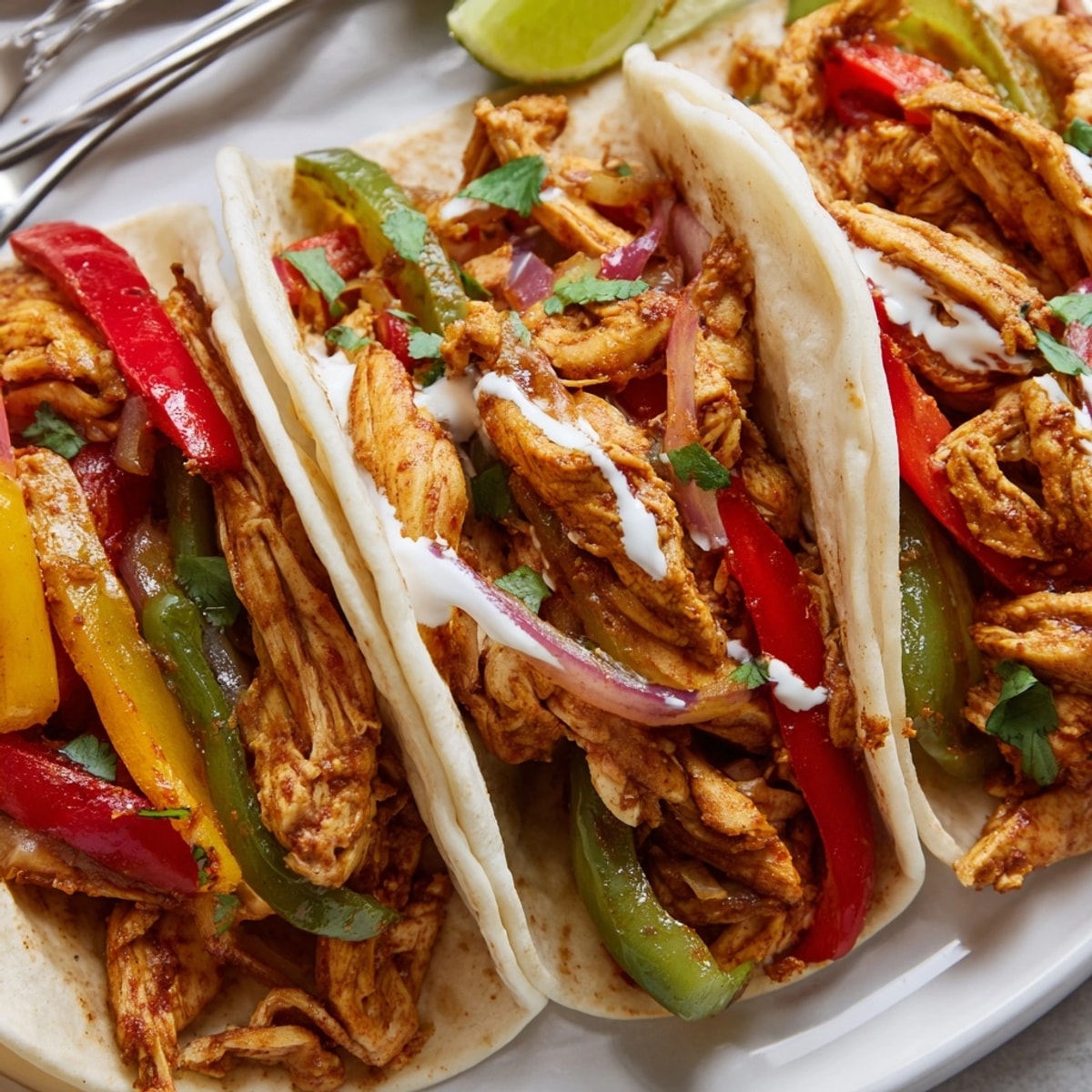 Golden Chicken Fajitas with Lime Crema sizzling in a cast iron skillet – weeknight dinner.