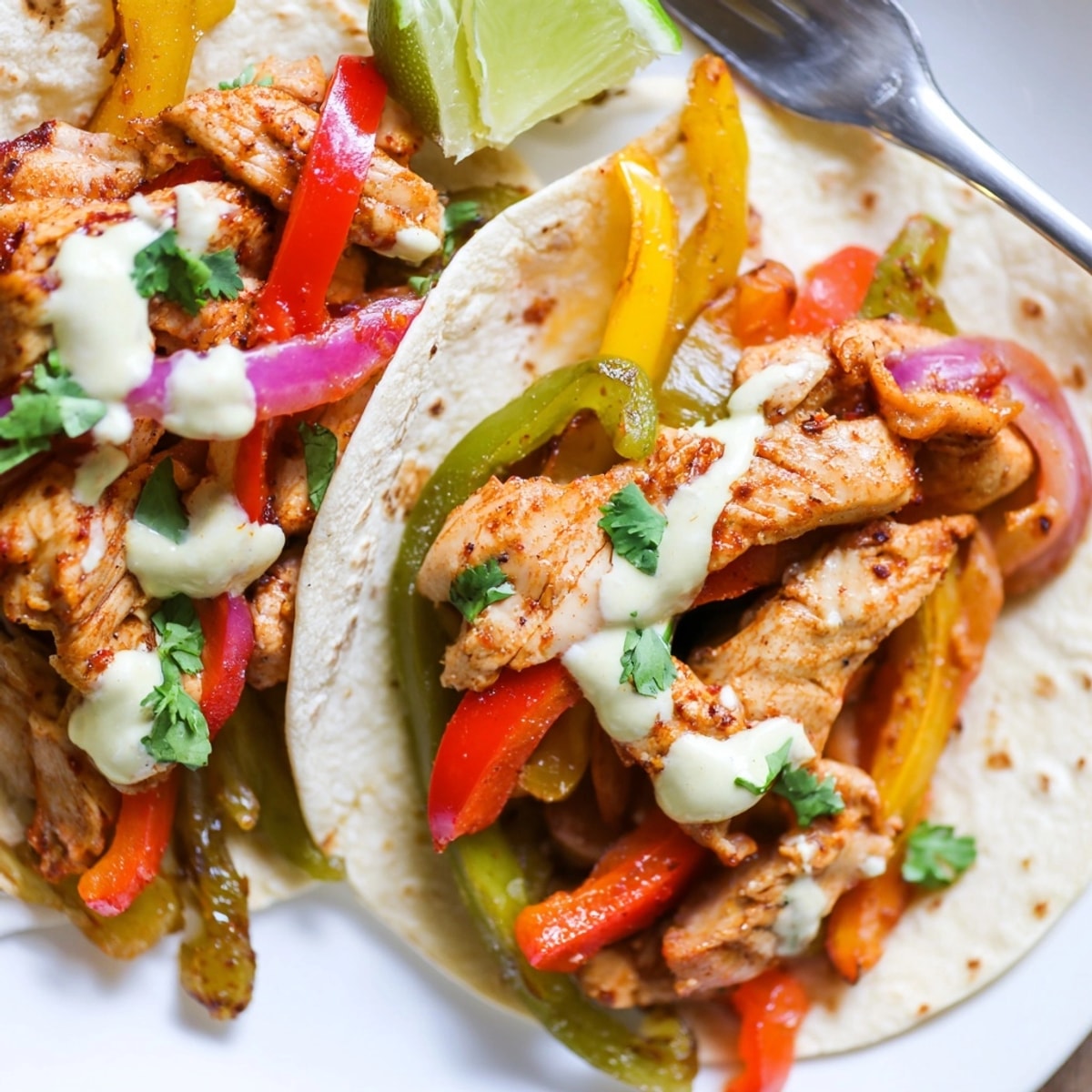 Vibrant, juicy Chicken Fajitas recipe with bell peppers and lime crema ready to serve.