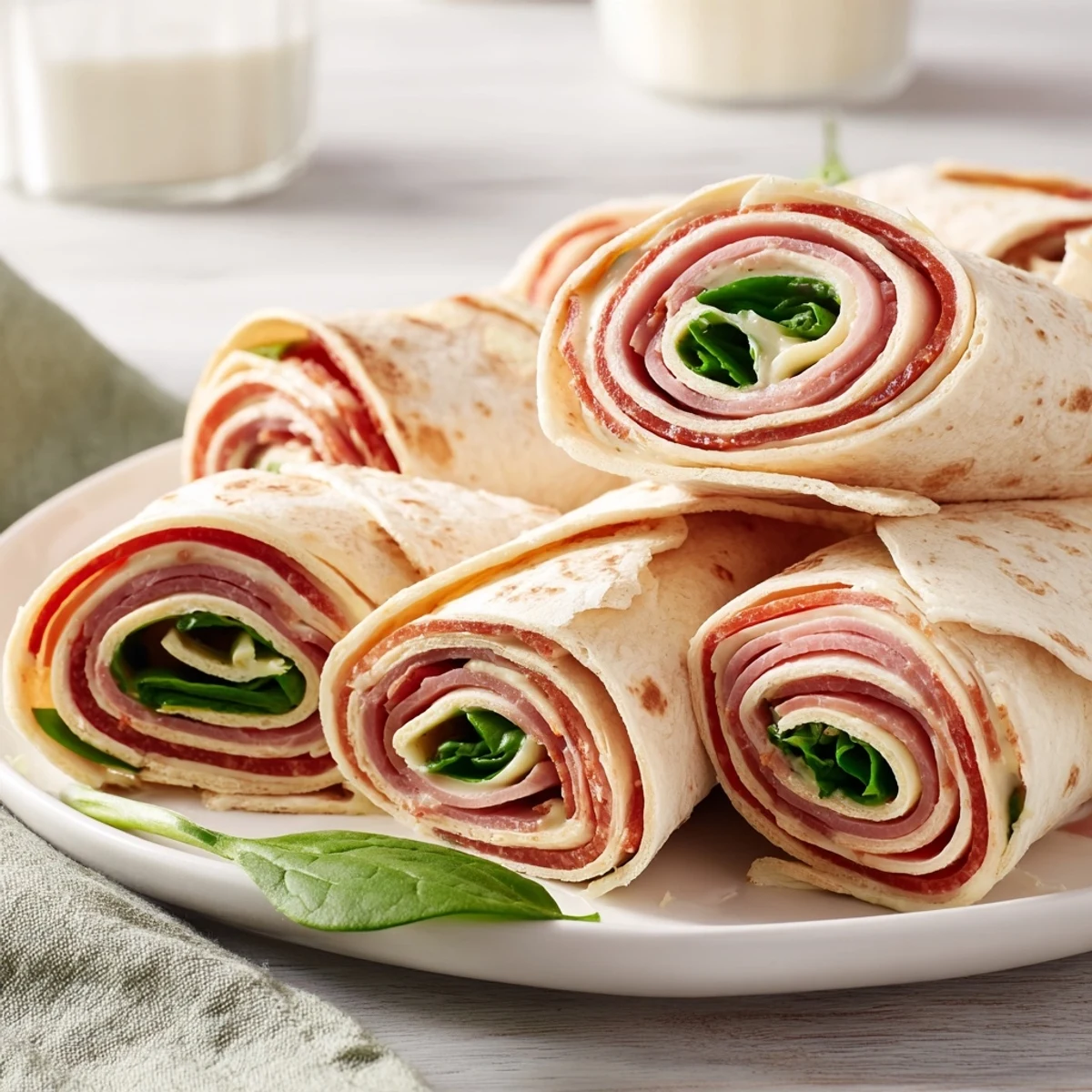 Soft, rolled Turkey and Provolone Pinwheels, a vibrant snack with fresh spinach and red bell peppers.