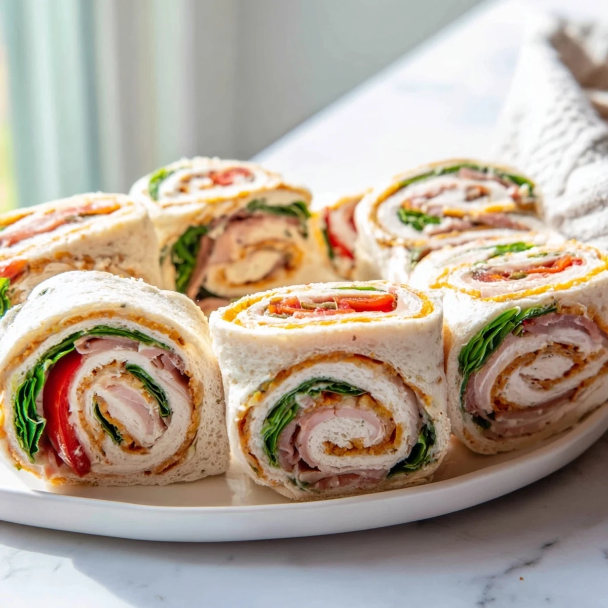 Beautifully sliced Turkey and Provolone Pinwheels, ready to serve as an easy appetizer or light lunch.