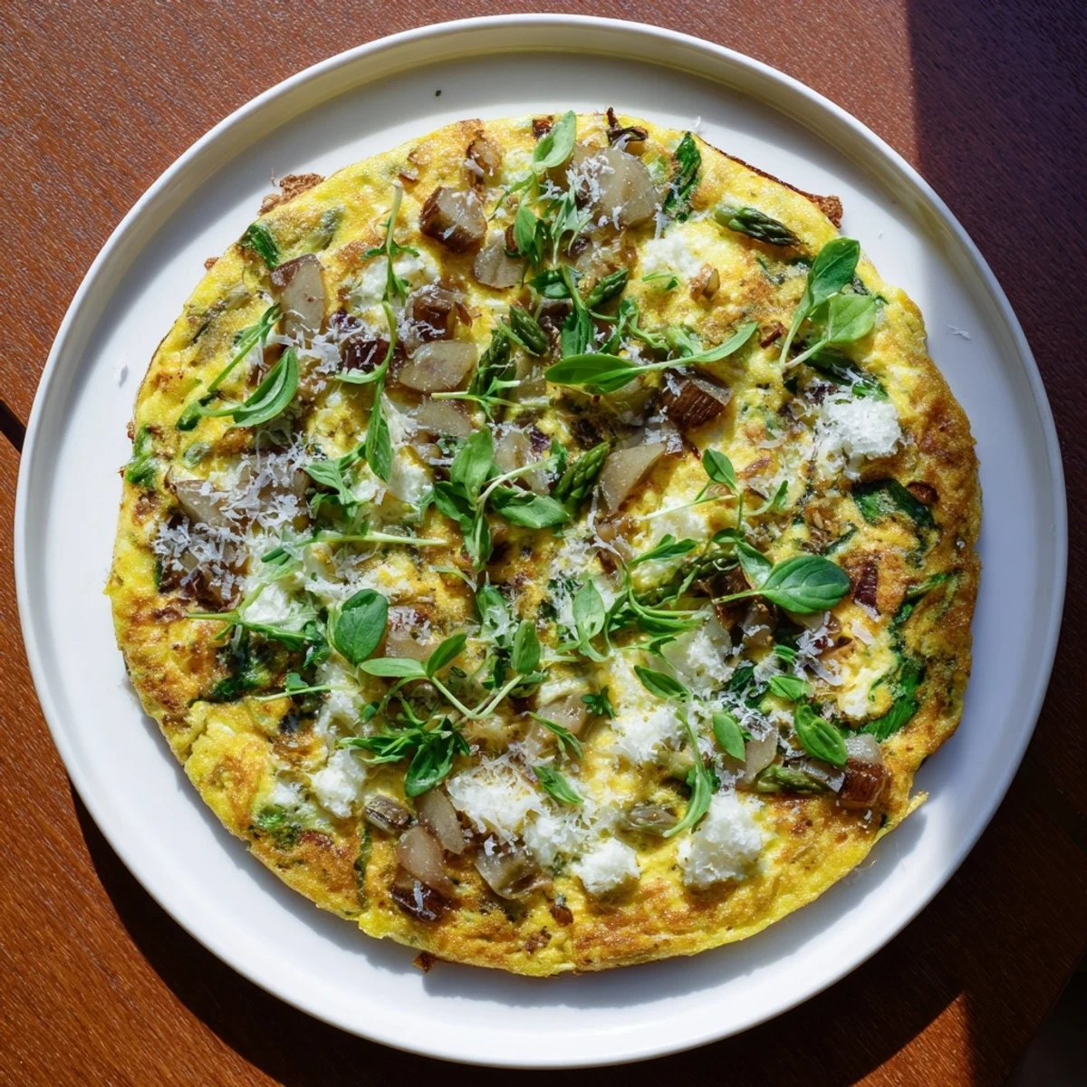 A warm, golden Meadow-Soft Cozy Plate Frittata, filled with vibrant spring vegetables and creamy goat cheese.