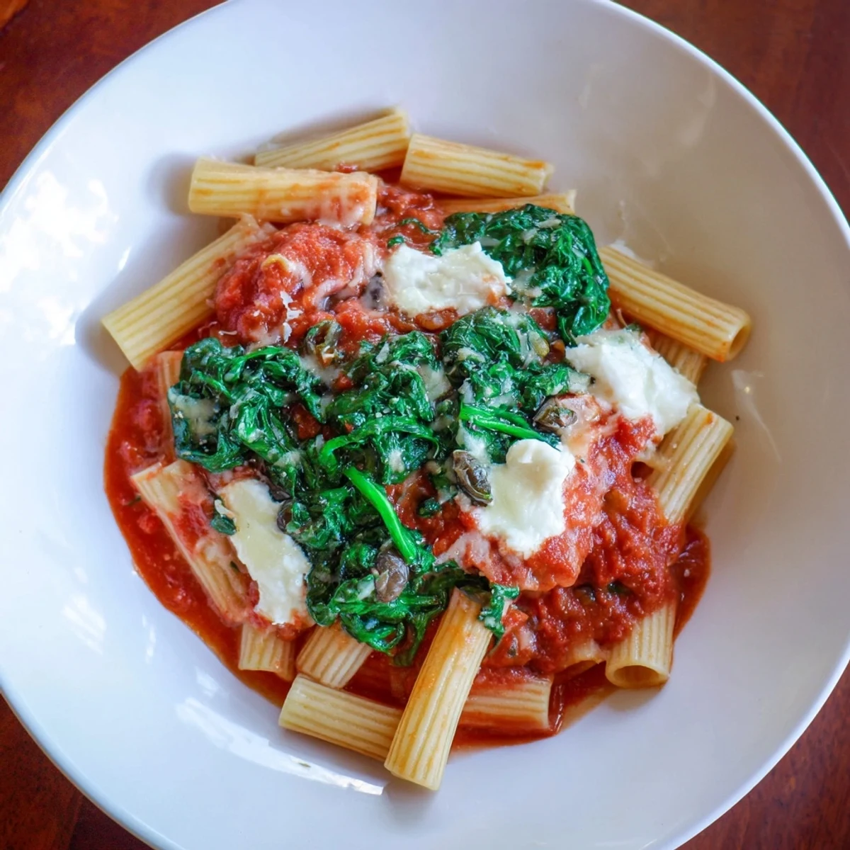 Warm and cheesy baked ziti with ricotta, spinach, and olives, a homemade Italian comfort food.