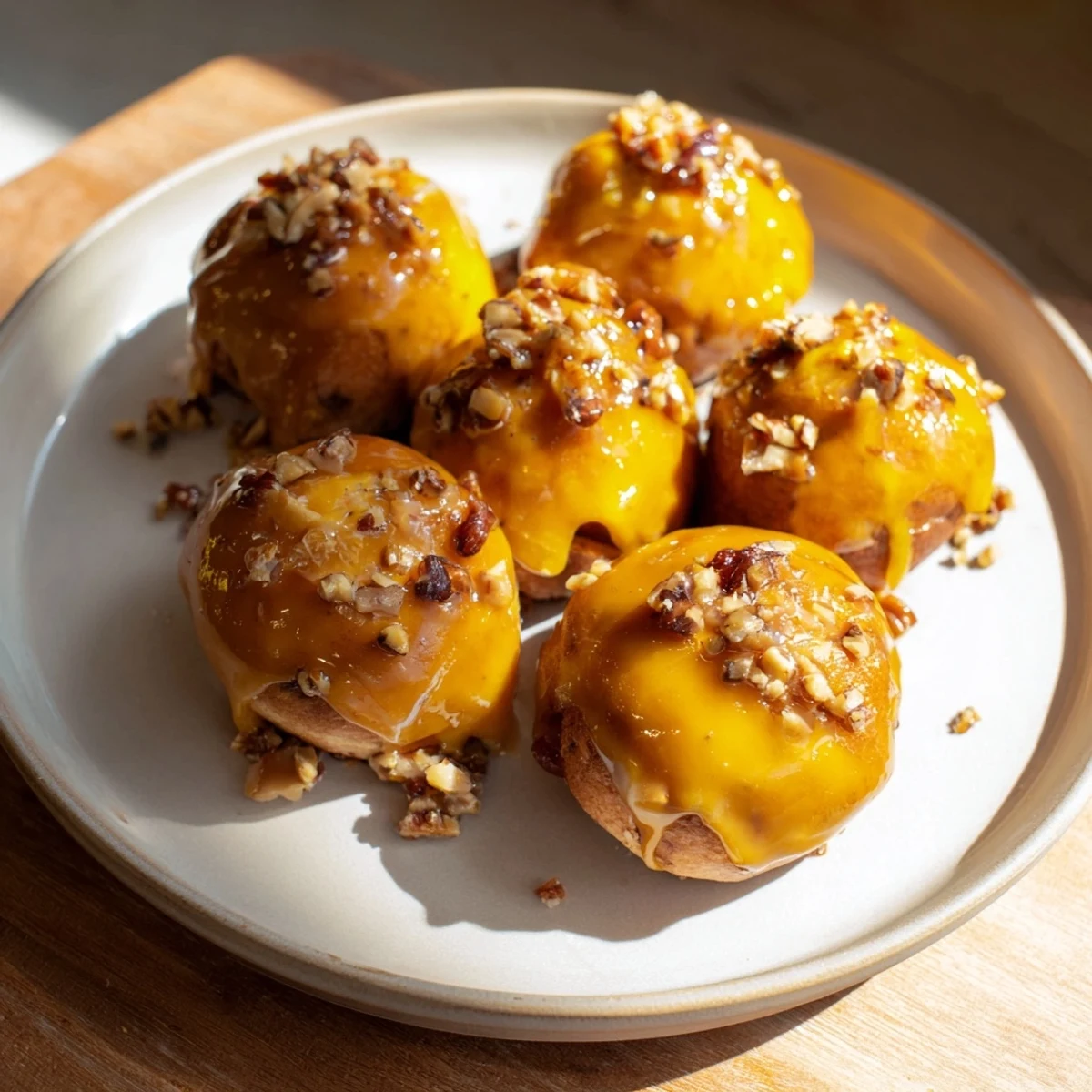Warm, sticky Maple Pecan Sticky Buns glistening on a platter, ready for a delicious breakfast.