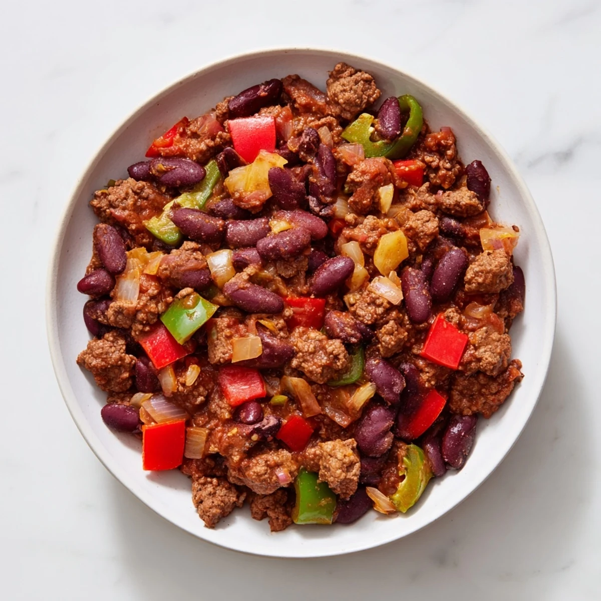 Steaming pot of One-Pot Cozy Chocolate Chili; rich dark red with beans, ground beef, and visible cocoa nibs.