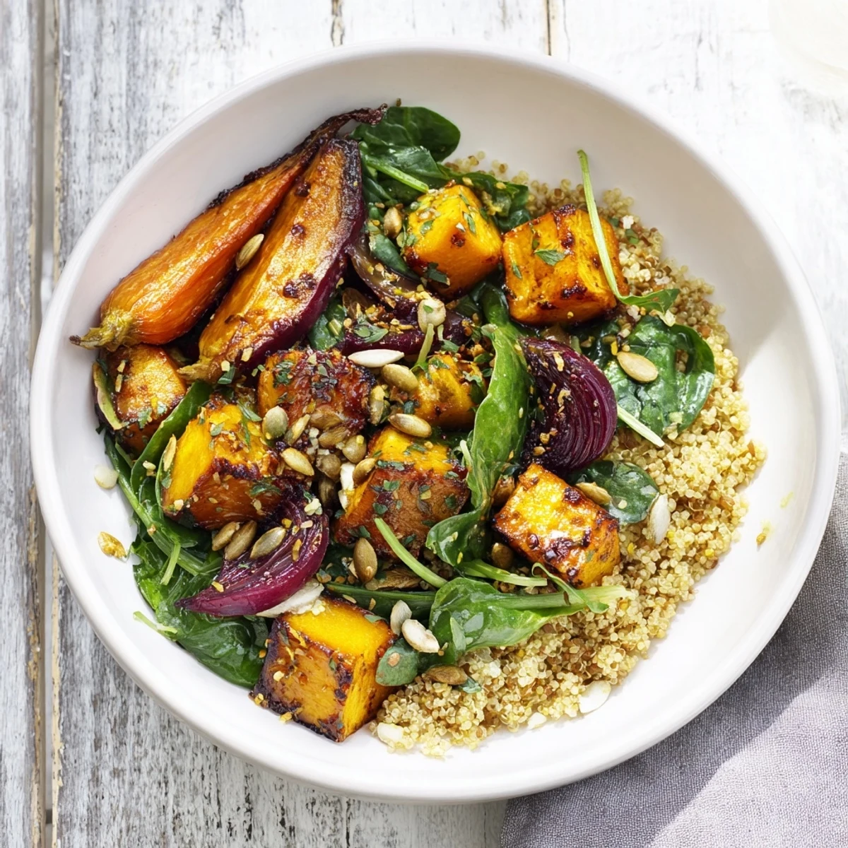 Warm Herb Bowl with roasted root vegetables showing a colorful medley, finished with fresh herbs.