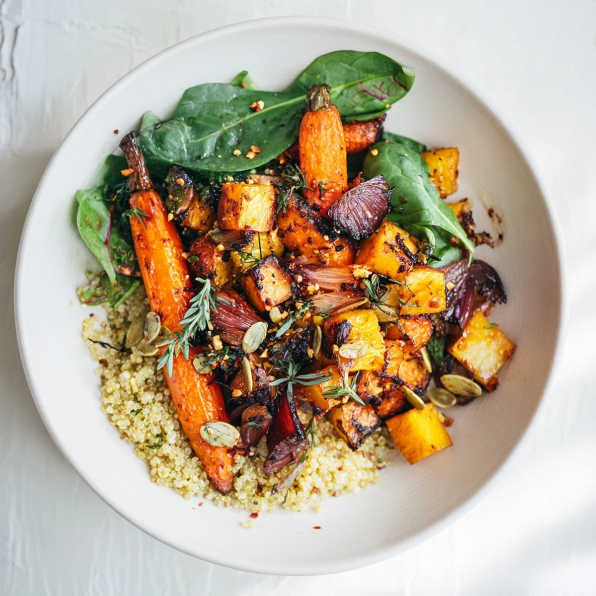 Golden-brown roasted root vegetables in a Warm Herb Bowl, perfectly complemented with fresh greens and quinoa.