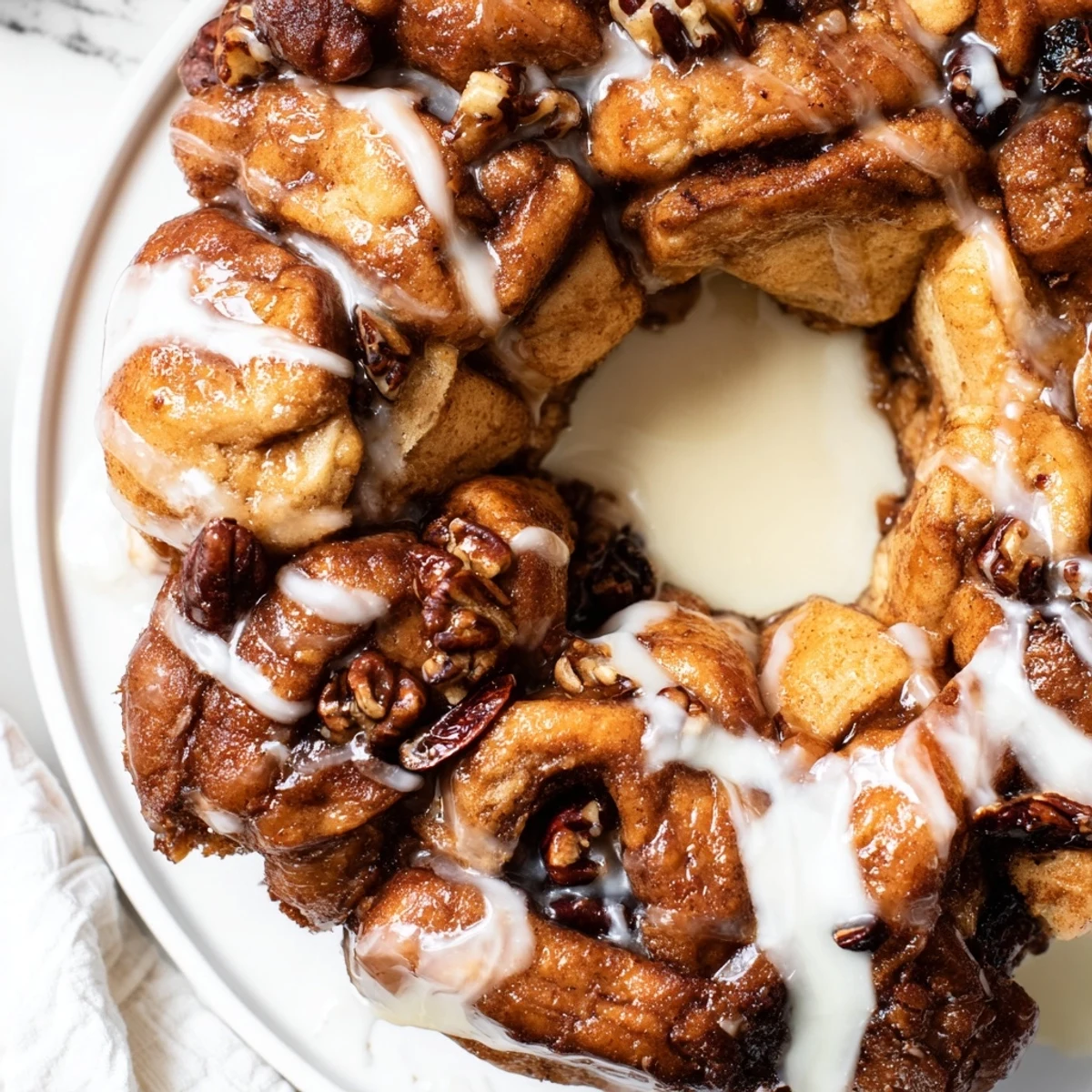Golden-brown Cinnamon Roll Monkey Bread, pull-apart pieces drenched in a sweet caramel sauce.