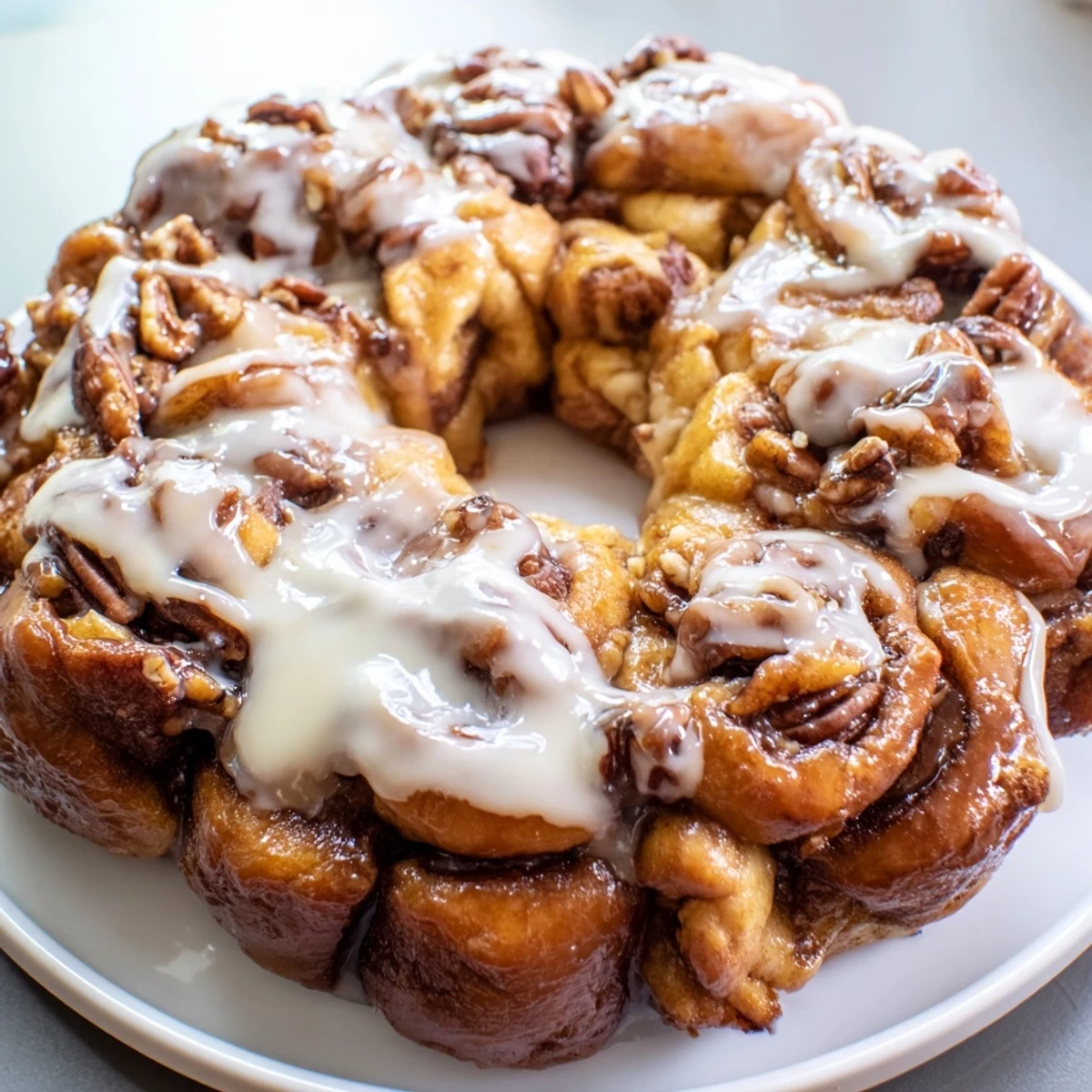 Homemade Cinnamon Roll Monkey Bread with pecans, drizzled with icing, ready to pull and enjoy.