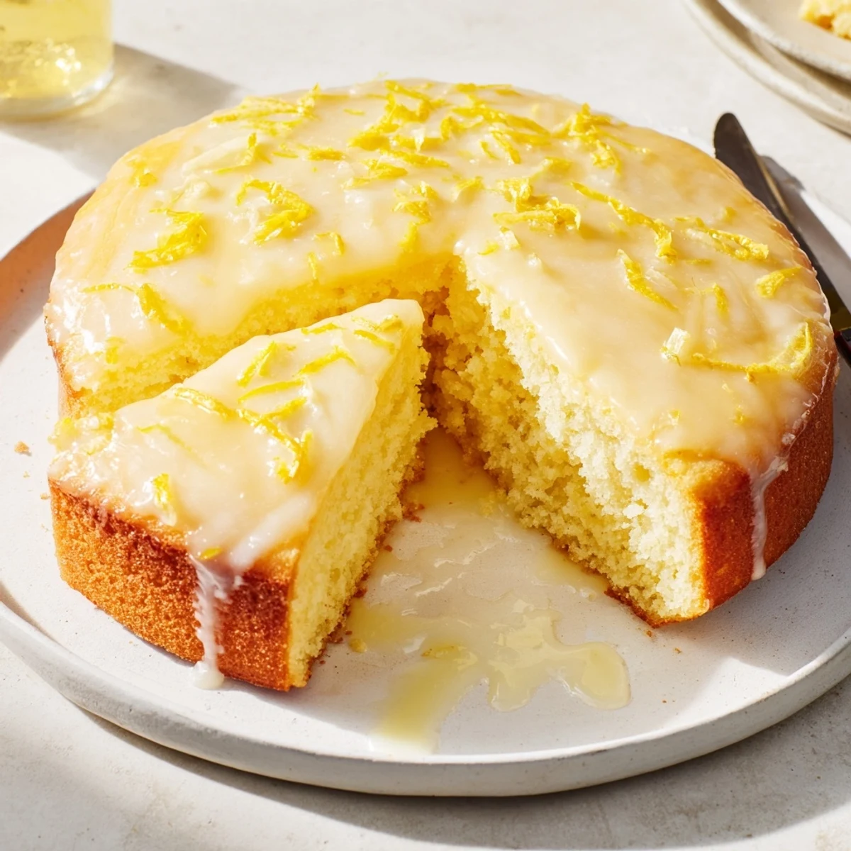Golden-brown lemon loaf slices reveal a tender crumb, beautifully topped with a vibrant lemon icing.