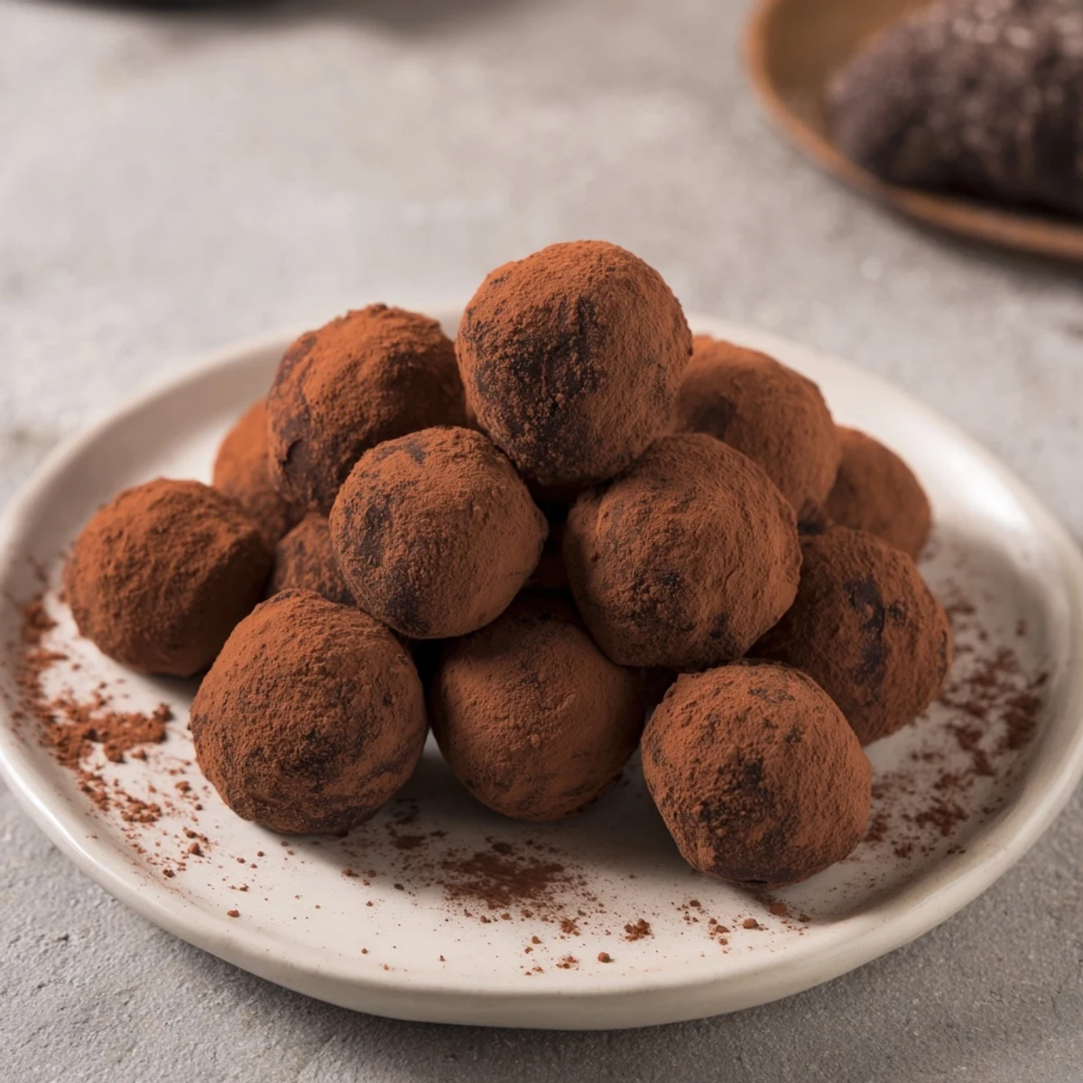 Image of rich, dark chocolate truffles, coated in cocoa, a decadent treat waiting to be savored.