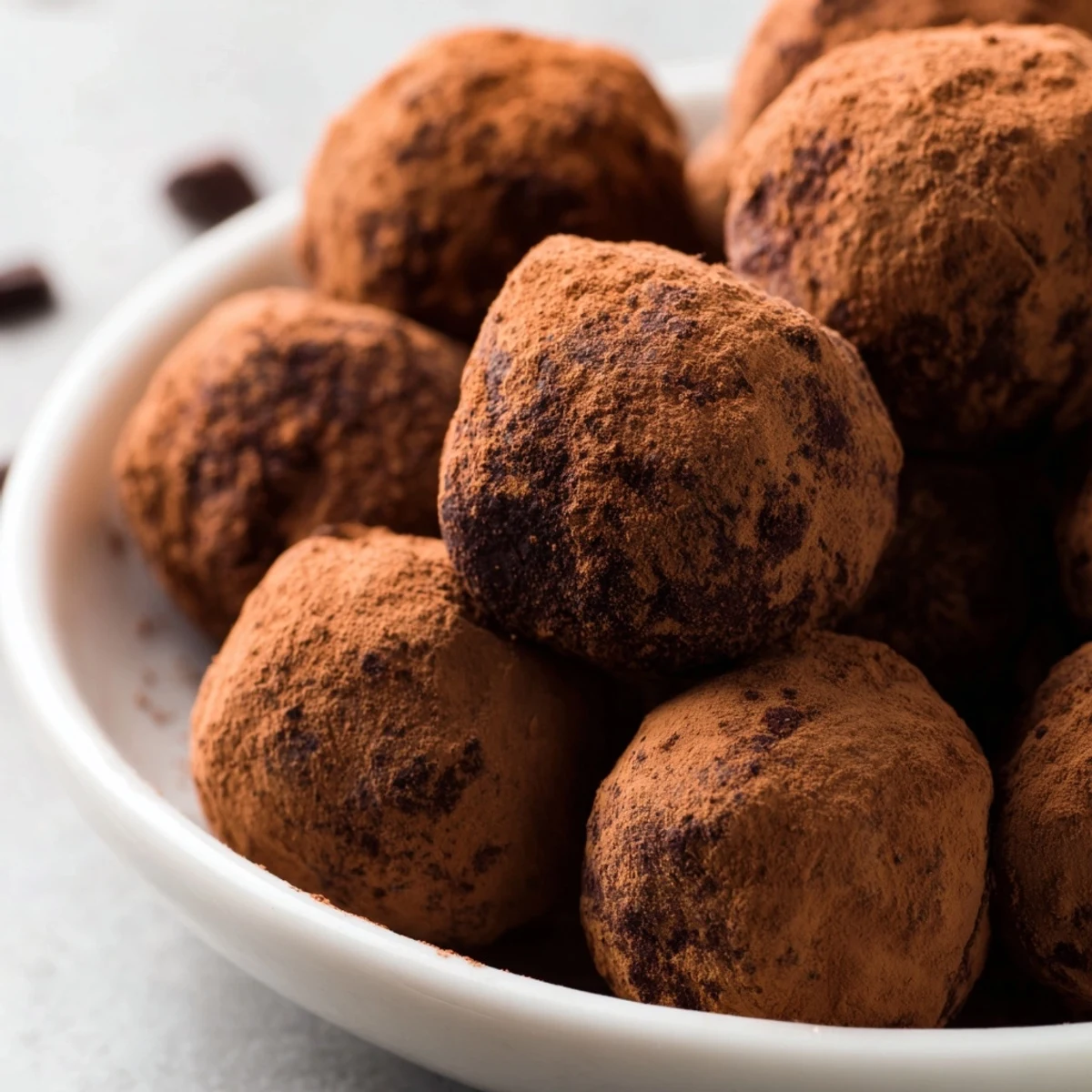 Dark chocolate truffles, perfectly round and dusted, promising a luxurious, melt-in-your-mouth flavor experience.