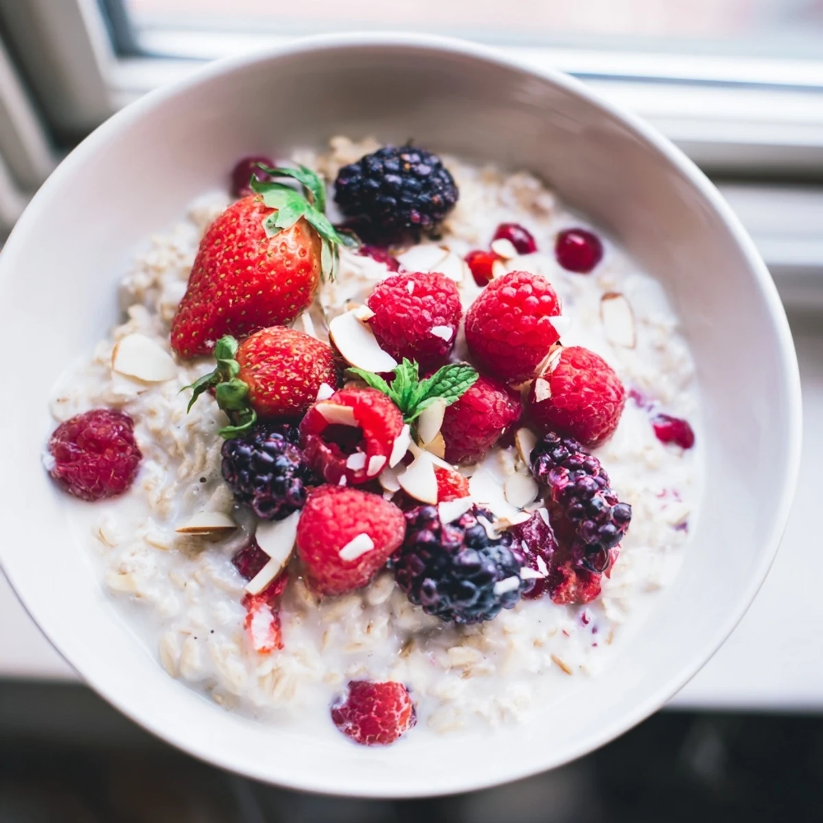 A vibrant bowl of overnight oats with berries and honey; imagine a delightful, refreshing breakfast prepared overnight.