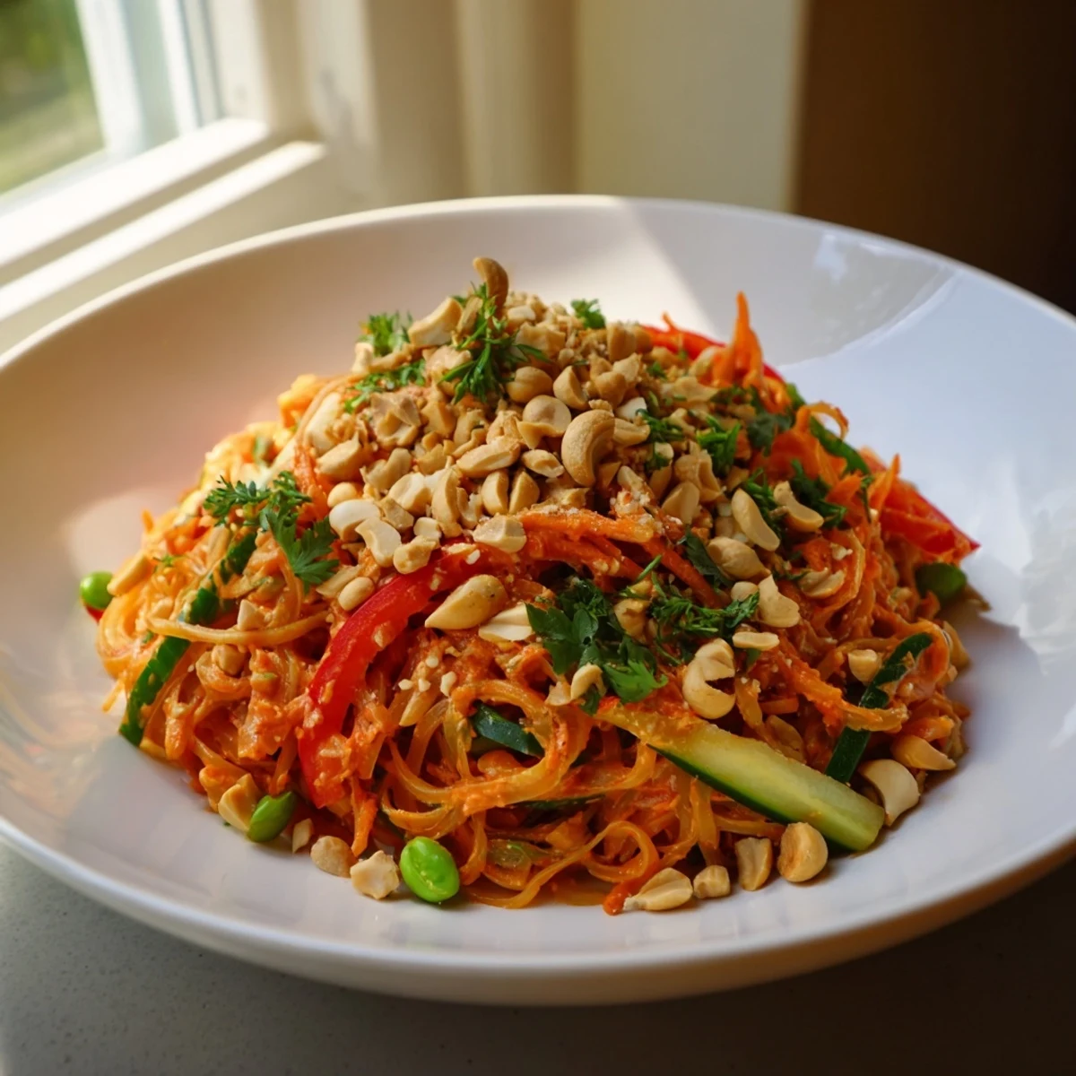 A colorful bowl of Spicy Peanut Noodle Salad with fresh vegetables and creamy dressing.