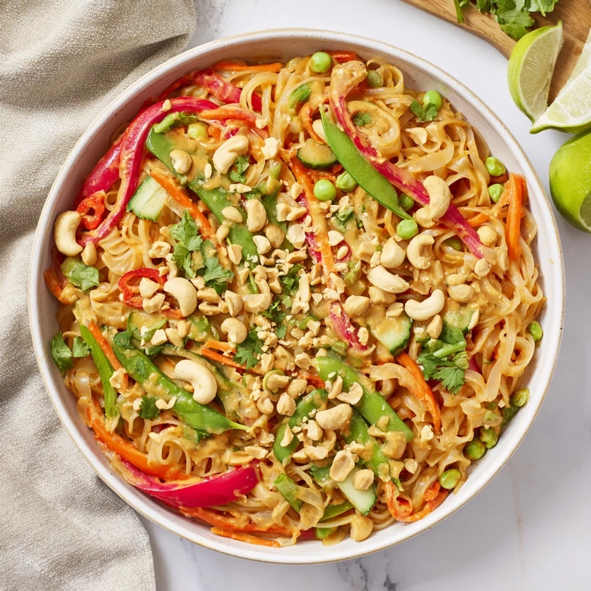 Refreshing and flavorful Spicy Peanut Noodle Salad, ready to enjoy with a squeeze of lime.