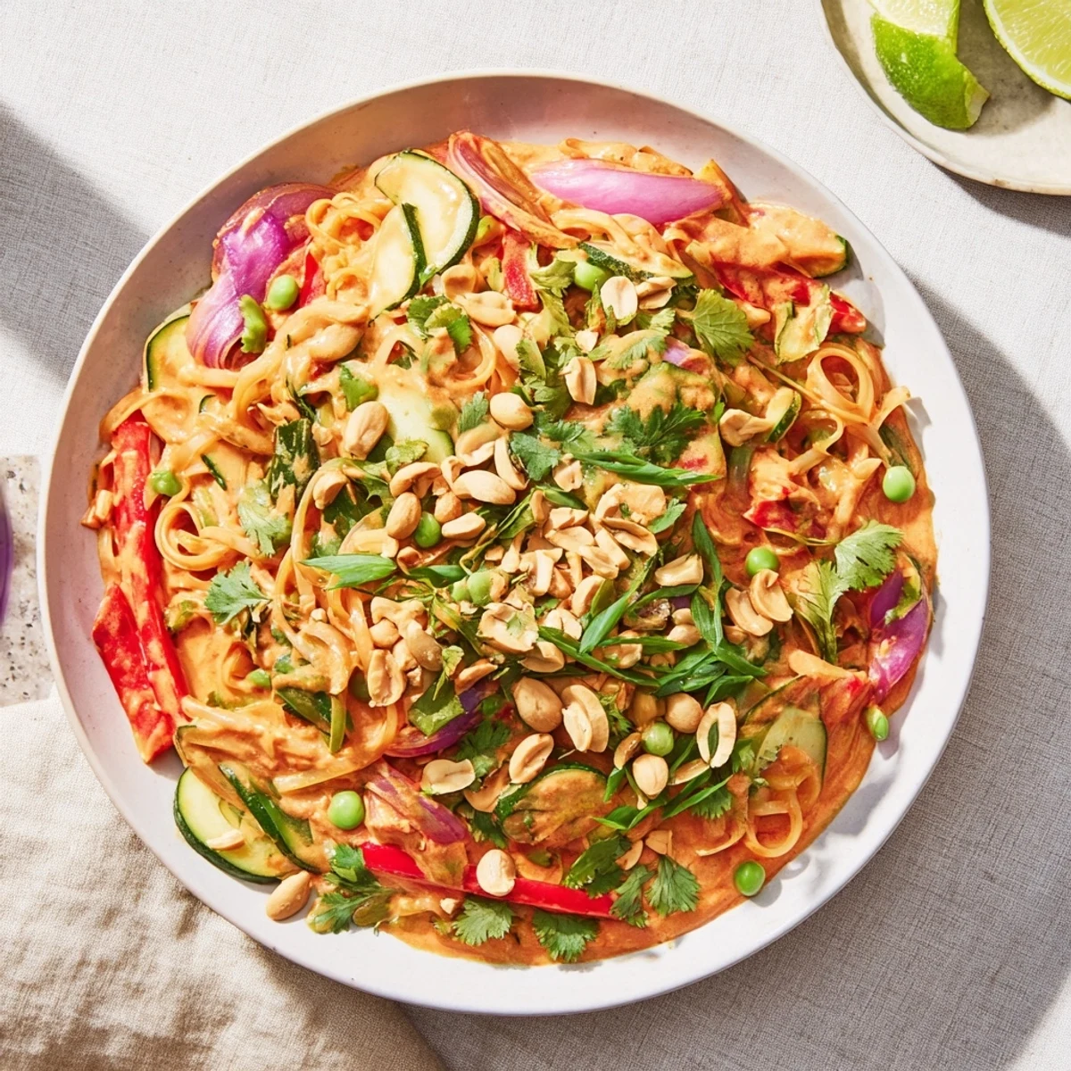Close-up of a Spicy Peanut Noodle Salad, showcasing noodles, peanuts, and vibrant veggies.