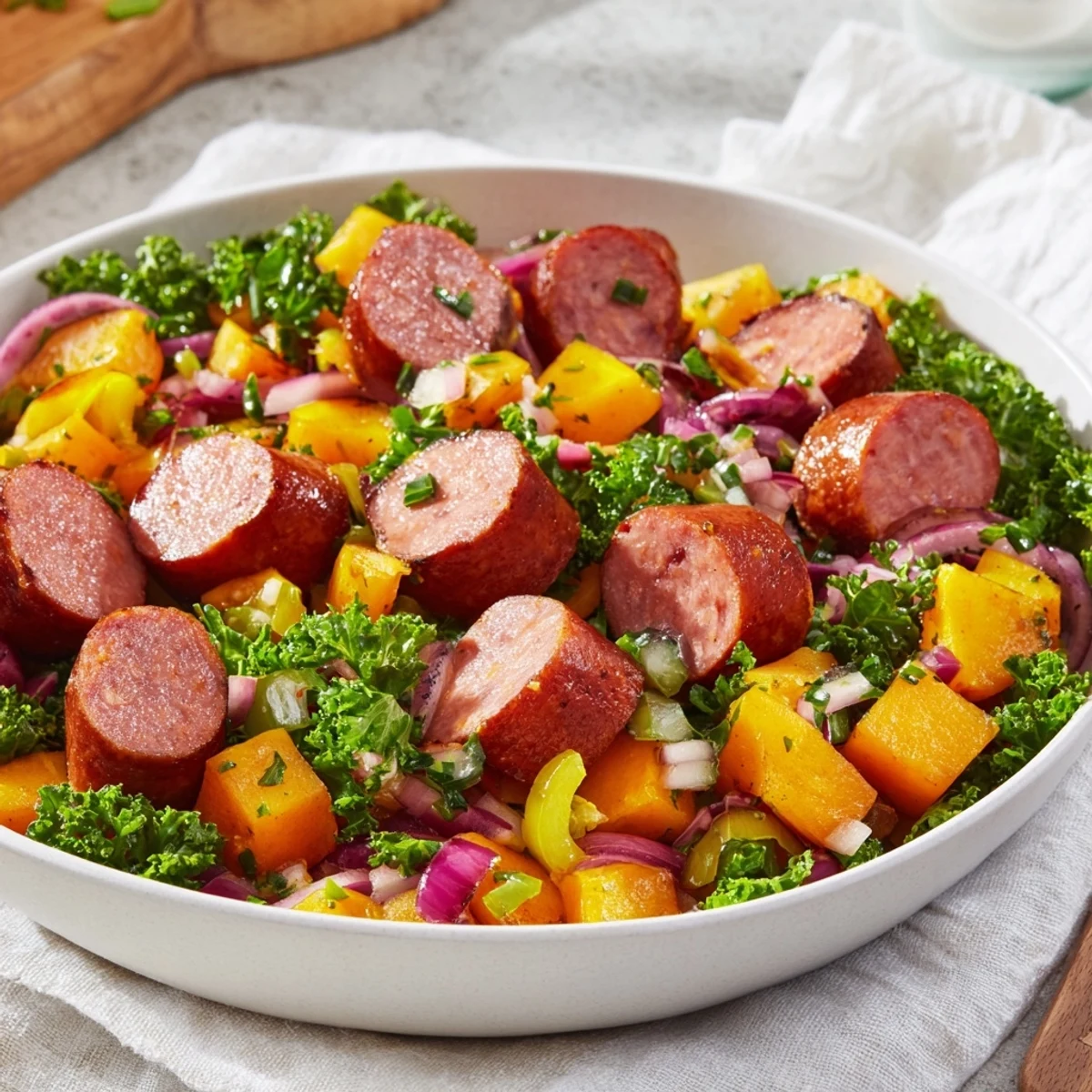 Golden, crispy kielbasa and cabbage hash served steaming hot in a rustic skillet, ready to eat.