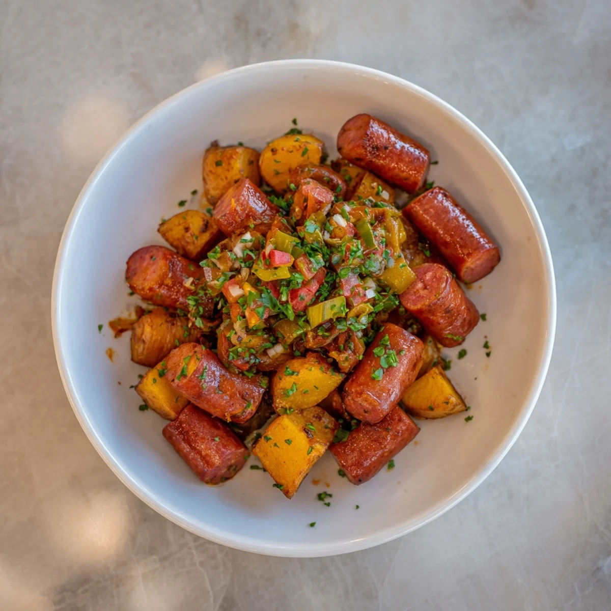 A savory skillet plate of kielbasa and cabbage hash, showcasing caramelized cabbage and browned potatoes ready to enjoy.