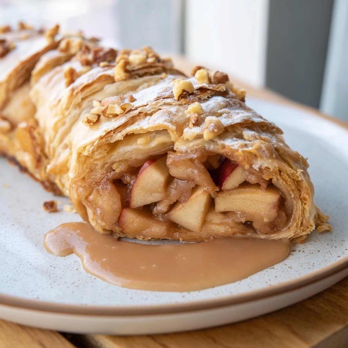 Golden-brown apple strudel, flaky and delicious, ready to serve with warm vanilla sauce.