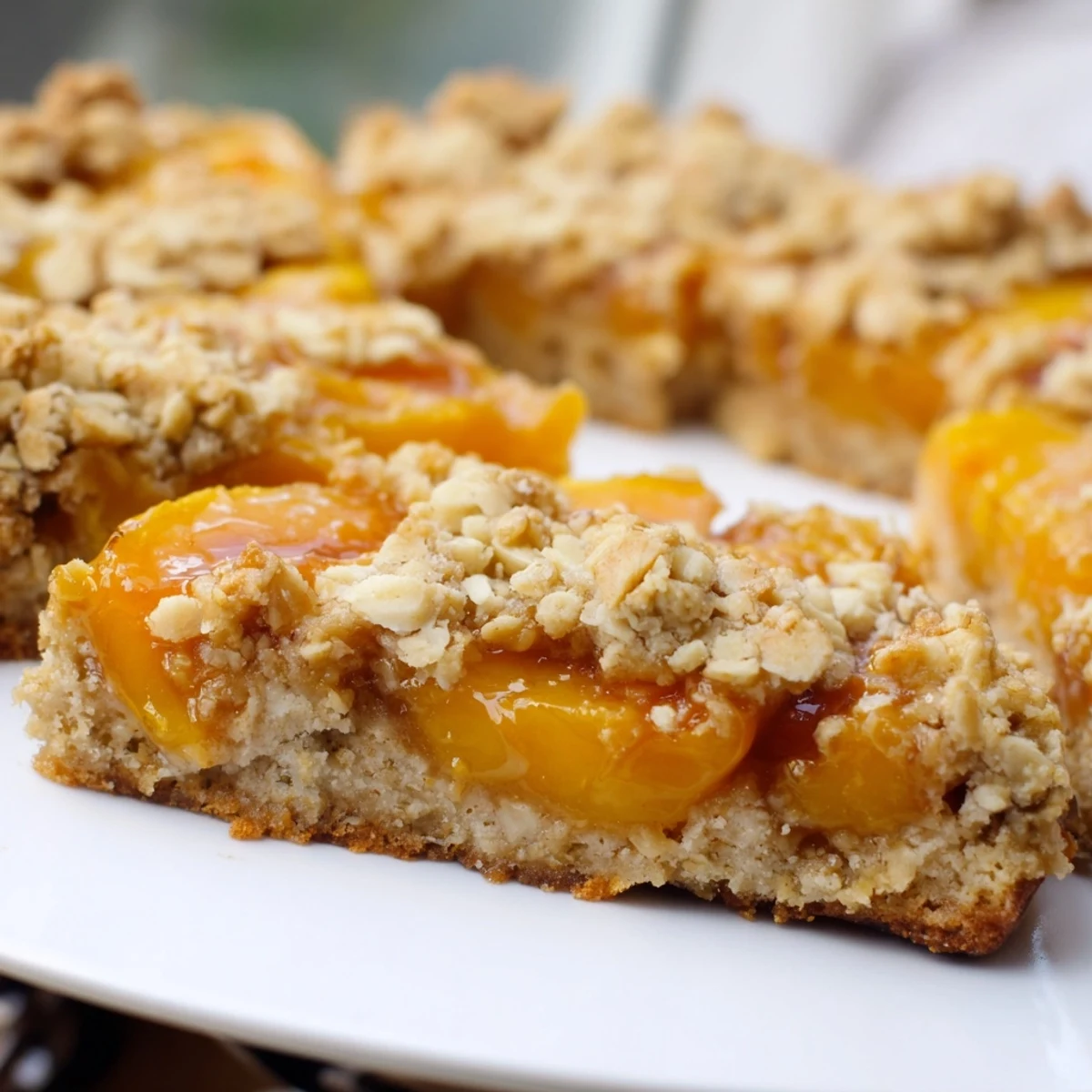 Golden-brown Peach and Ginger Crumble, bubbling hot from the oven, ready to serve with cream.
