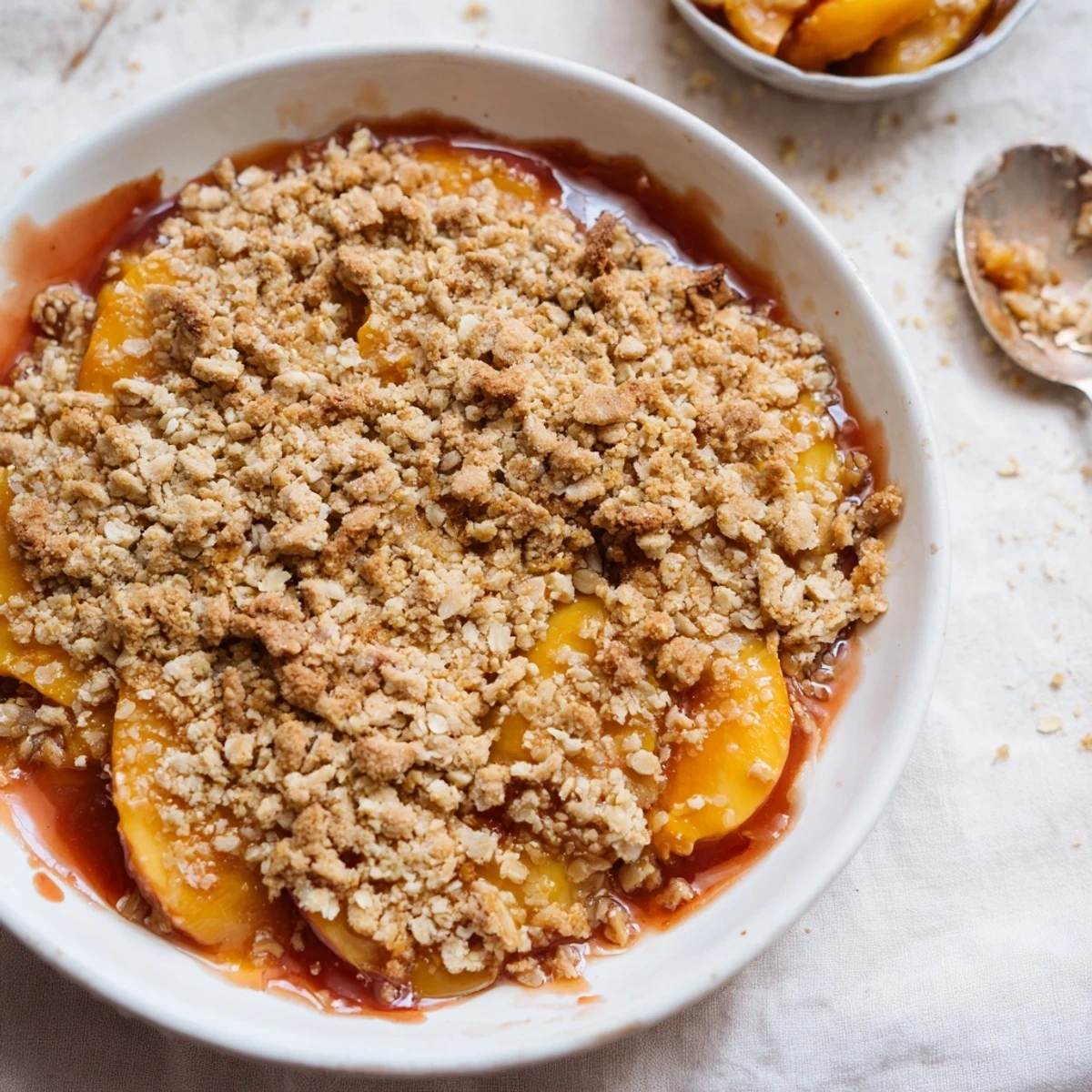 A close-up of a rustic, buttery Peach and Ginger Crumble, perfect for a cozy dessert occasion.