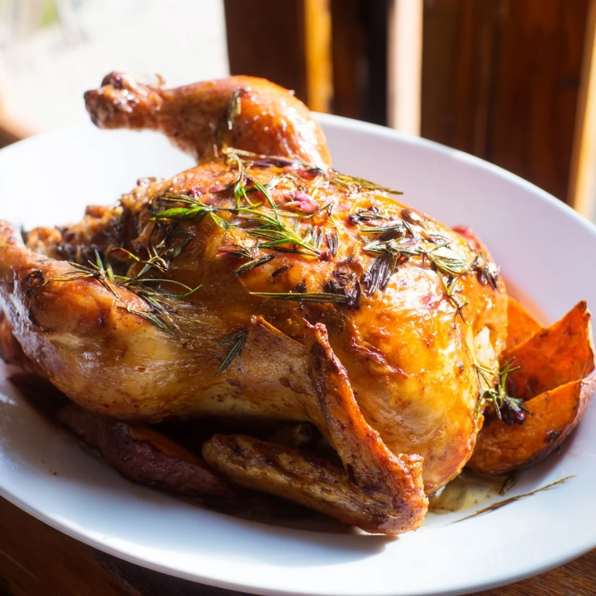 Juicy Roast Chicken with Rosemary and Garlic, herb-infused, ready to be served for a delicious dinner.