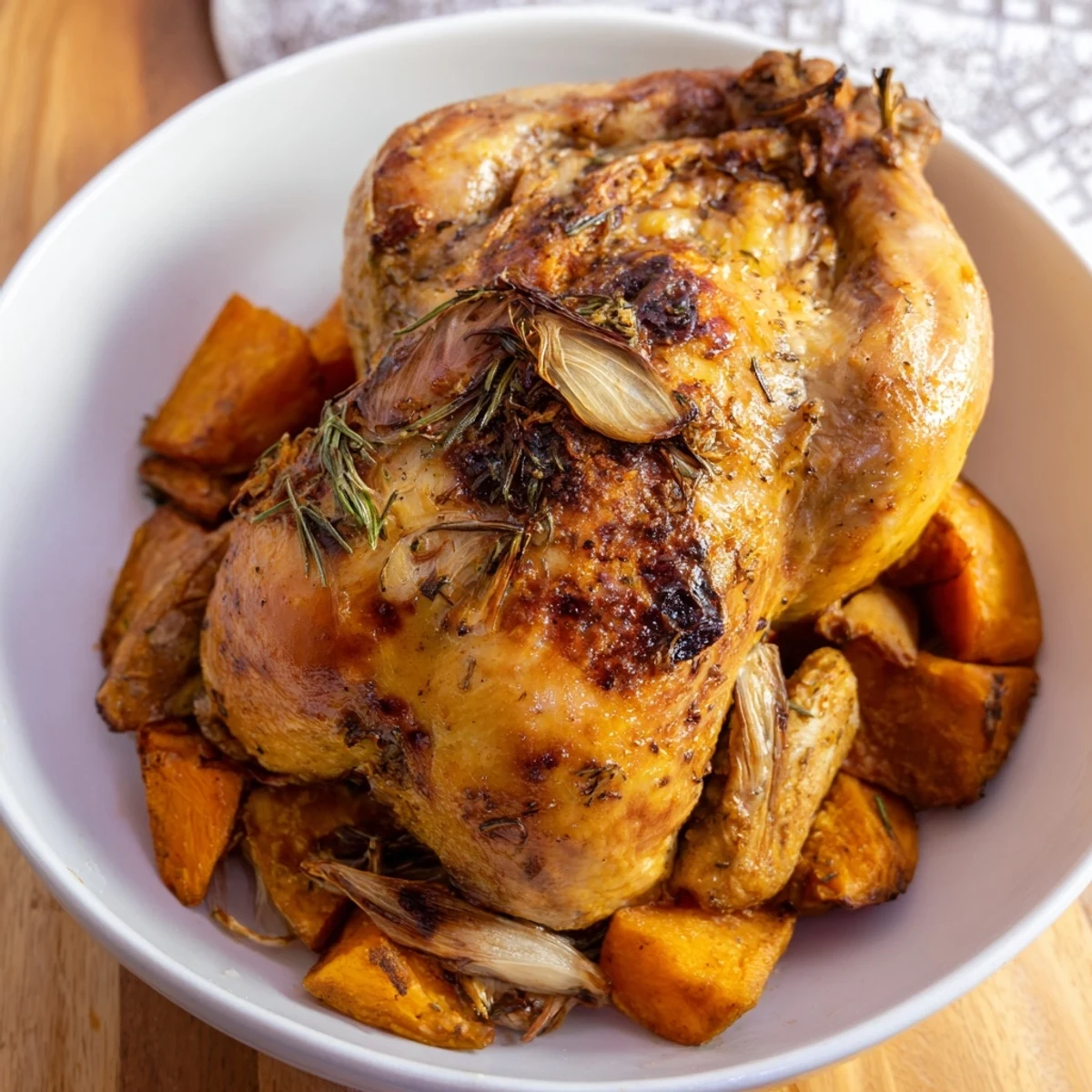 Golden-brown Roast Chicken with Rosemary and Garlic, showcasing crispy skin and flavorful roasted vegetables.