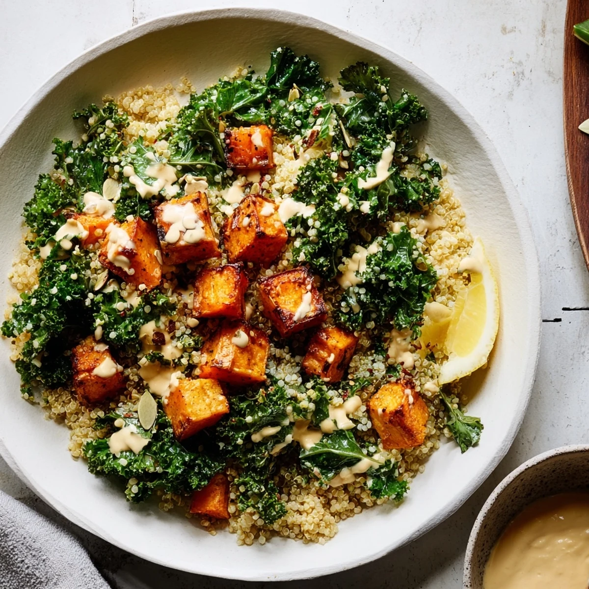 Light Coastal Bowl: A colorful plate showing fluffy quinoa topped with roasted sweet potatoes and kale.