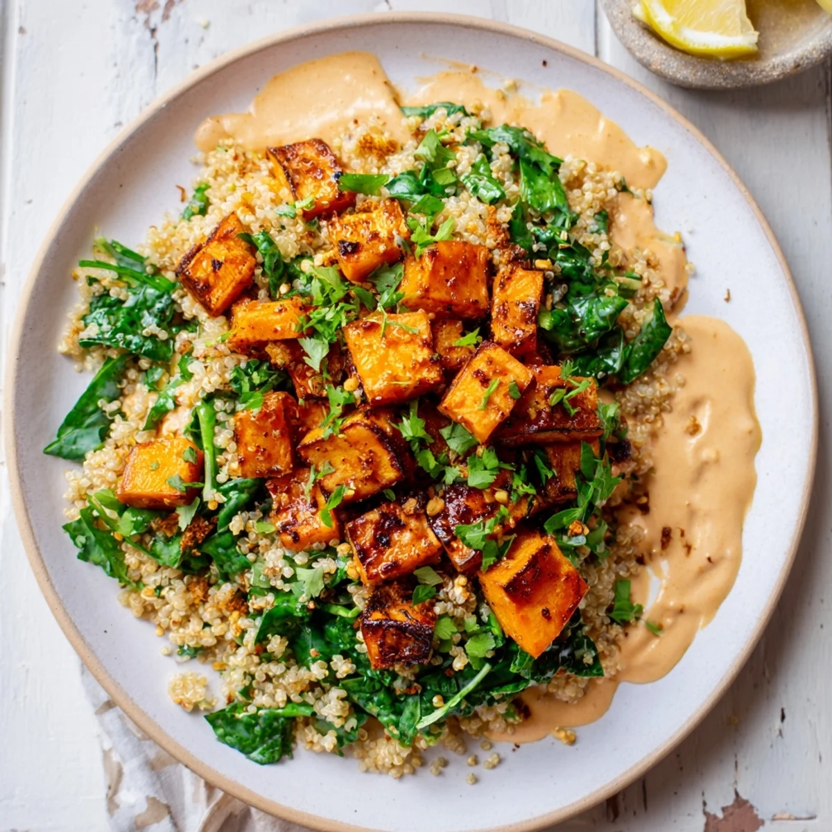 Enjoy this delicious Light Coastal Bowl, revealing a healthy mix of quinoa, roasted vegetables, and tahini dressing.