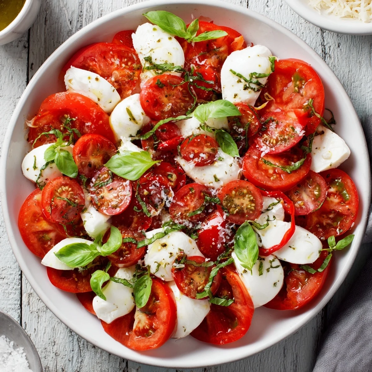 Caprese salad with fresh basil vinaigrette: juicy tomatoes and creamy mozzarella drizzled with bright green dressing.