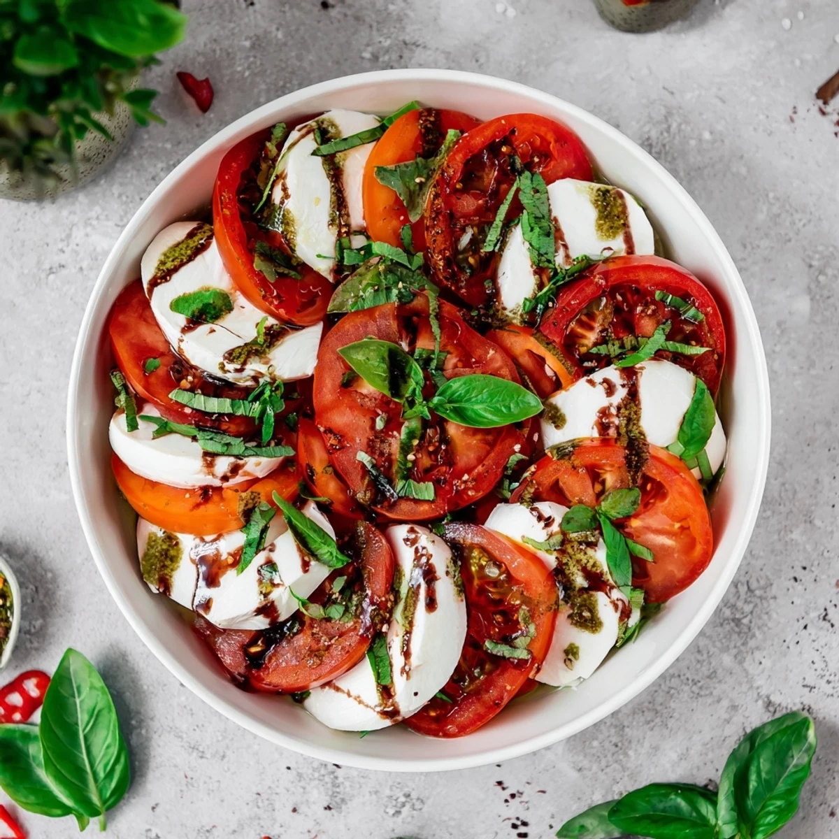 A colorful Caprese salad featuring fresh mozzarella, and a flavorful basil vinaigrette ready to serve.