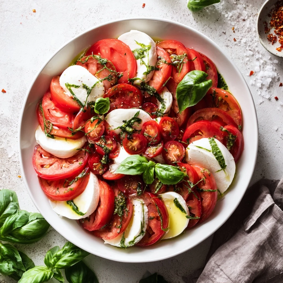 Beautifully plated Caprese salad showcasing ripe tomatoes and basil vinaigrette, ideal for a light, refreshing meal.