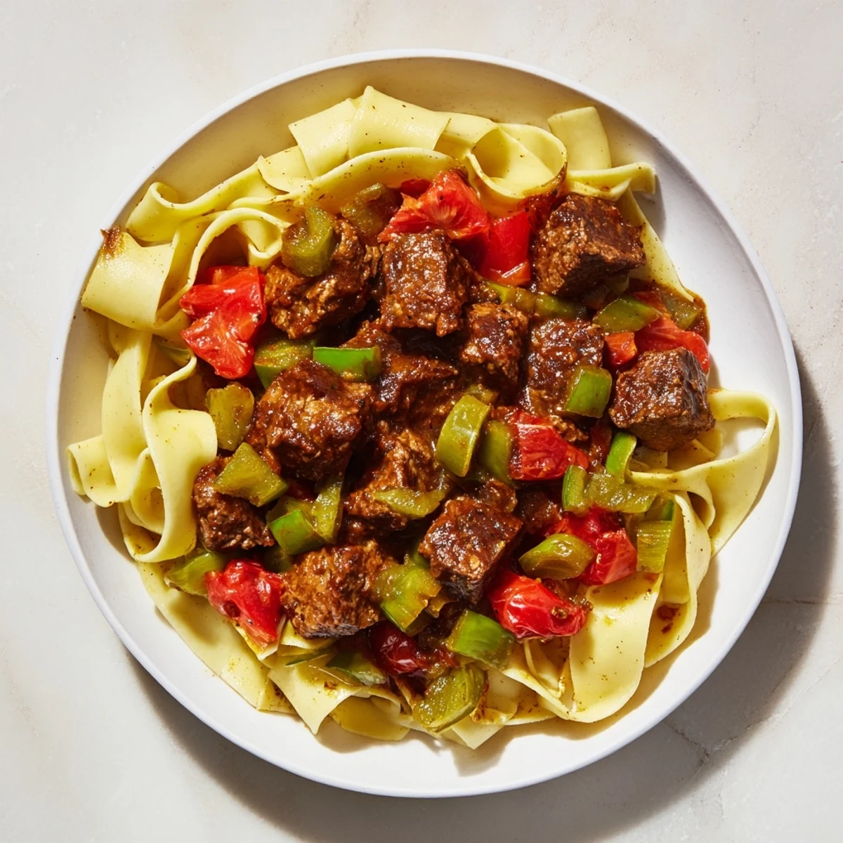 Hearty Hungarian goulash served over tender egg noodles, ready to warm your soul with savory aromas.