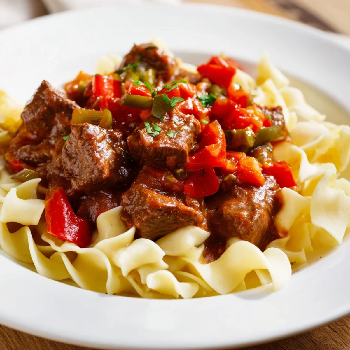 Thick, flavorful Hungarian goulash, ladled generously over buttered egg noodles for a perfect dinner.