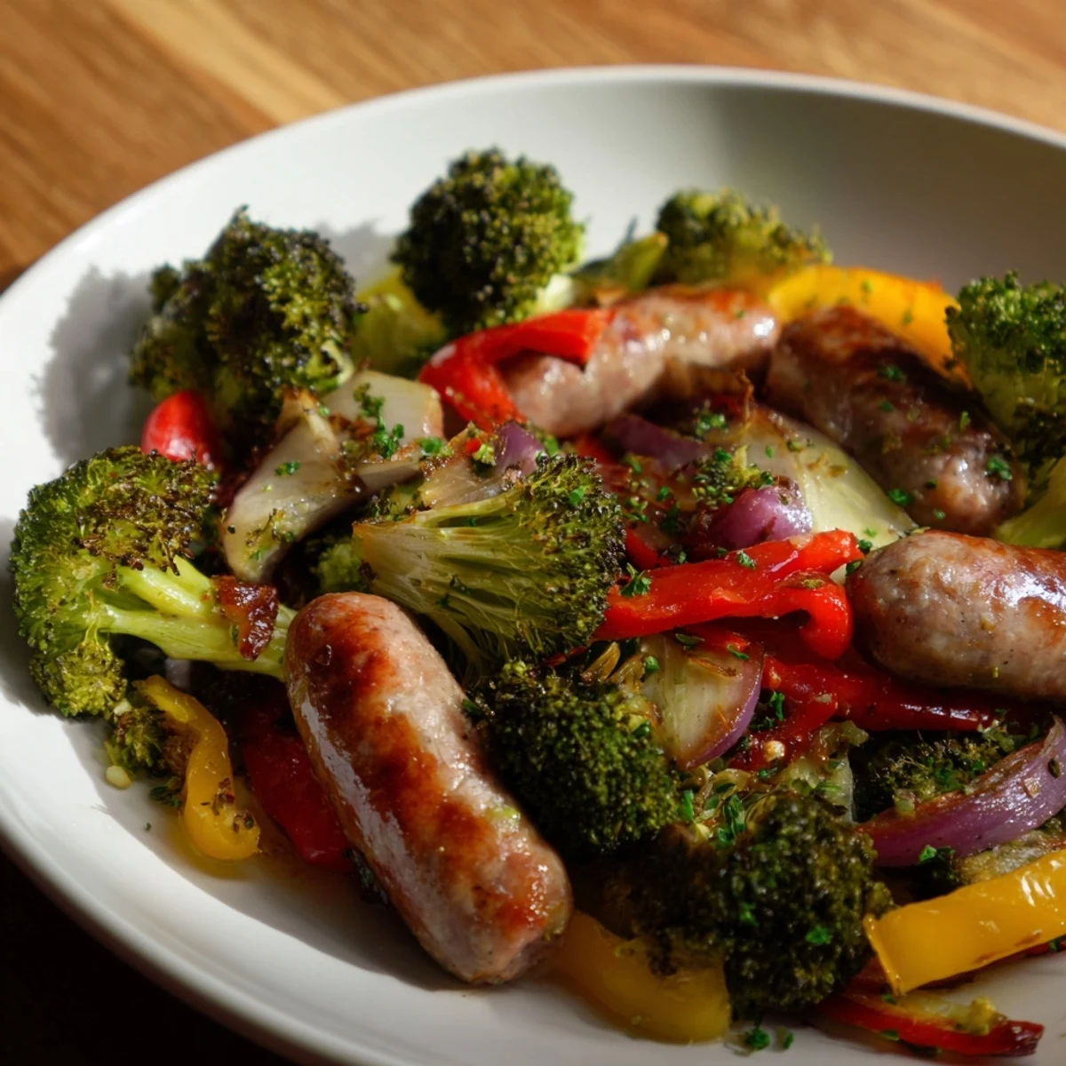 Golden-brown Simple Rustic Sheet-Pan Sausage with tender broccoli and bright bell peppers ready to serve.