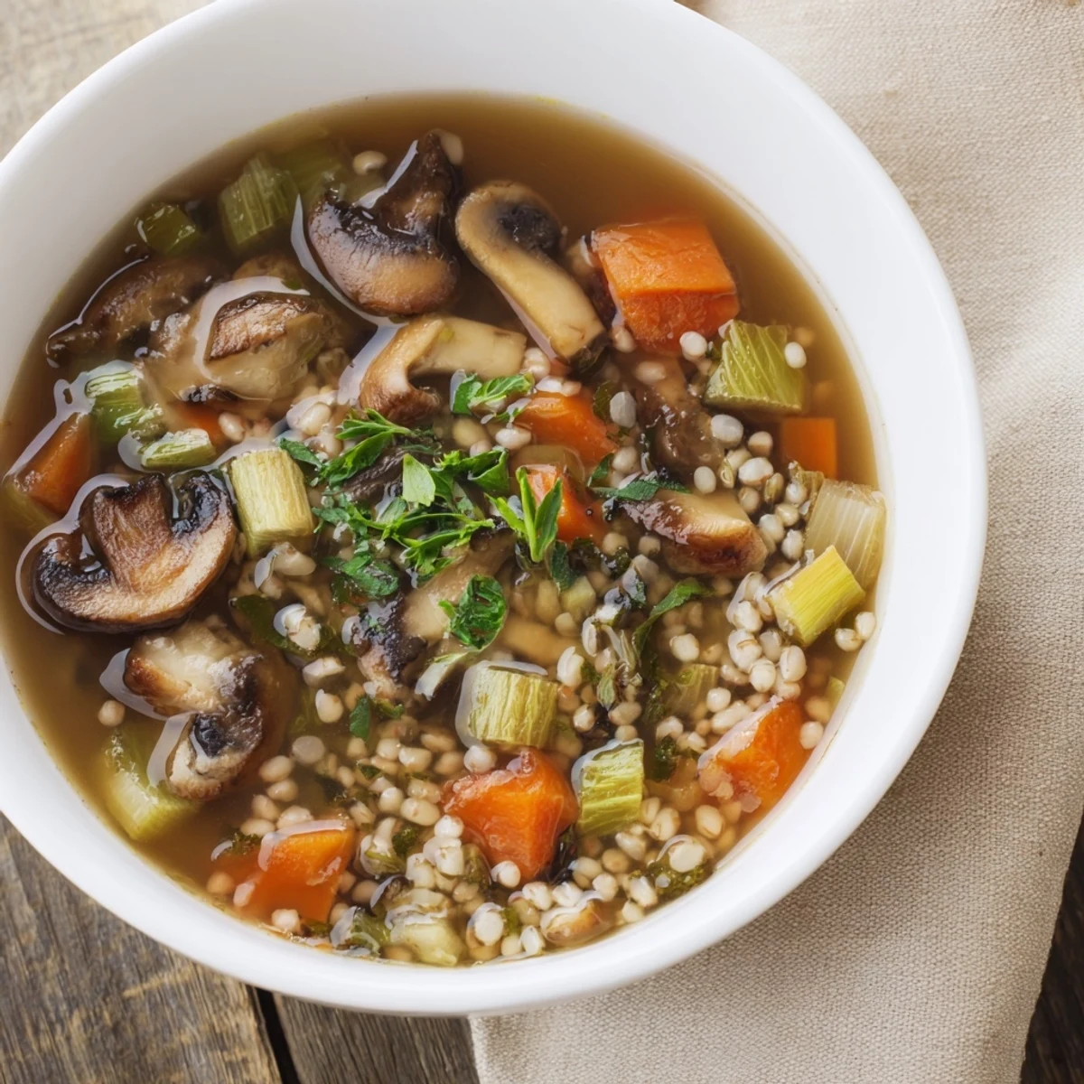 Steaming bowl of Wild Mushroom and Barley Soup, garnished with fresh parsley, ready to enjoy at home.