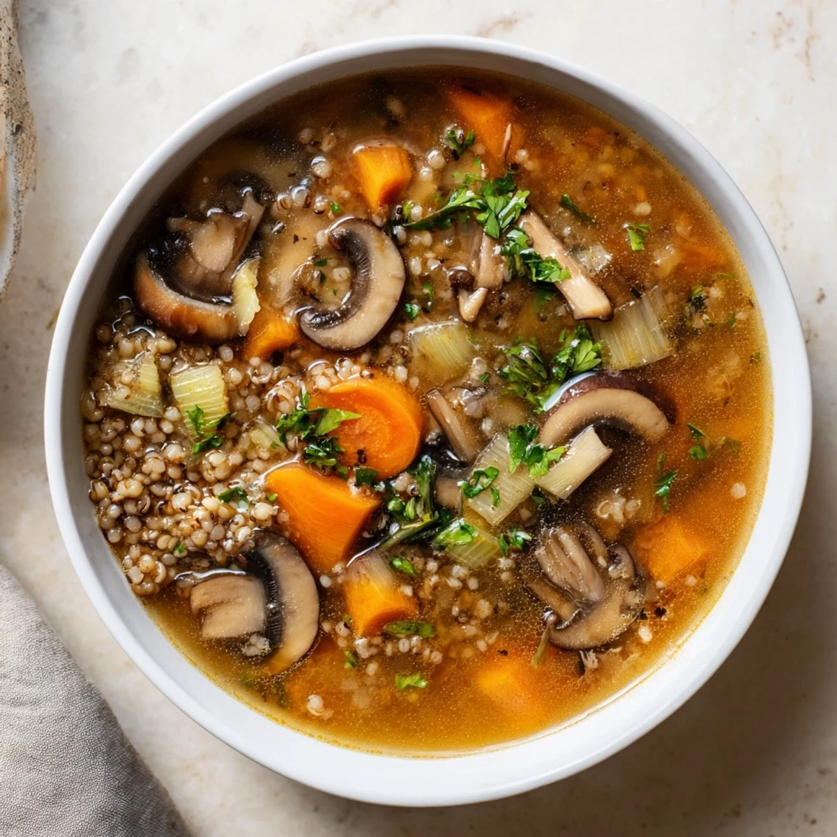 A close-up of the hearty Wild Mushroom and Barley Soup showcasing tender barley and earthy flavors.