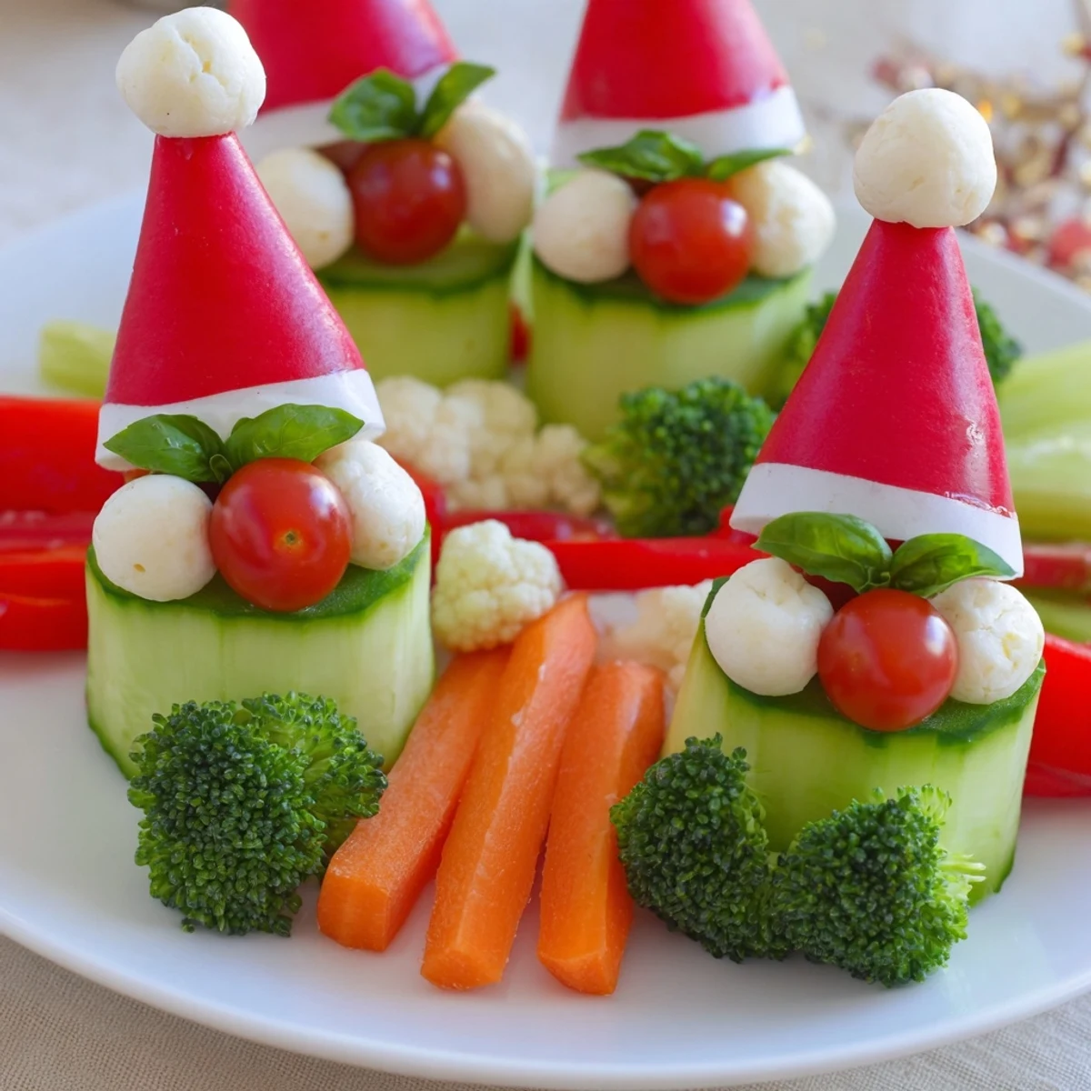 Vibrant Savory Crudités platter showing colorful veggie Santa hats, ready with creamy dip for festive snacking.