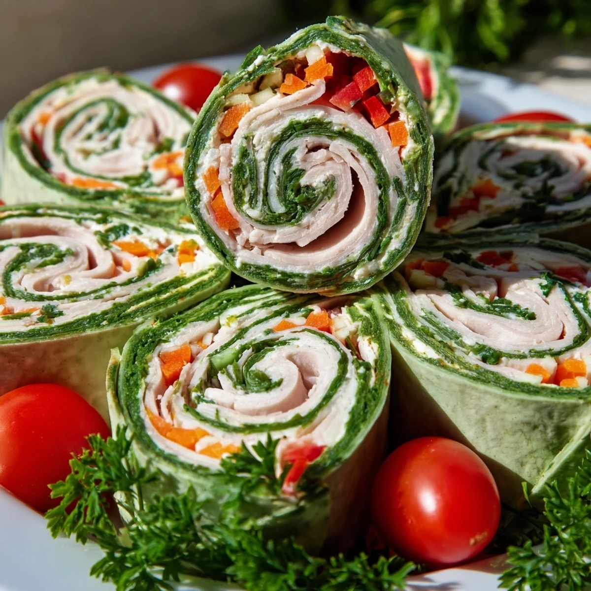 Savory Smoked Turkey Pinwheels Tree, with vibrant red pepper and cucumber, perfect for a holiday appetizer.