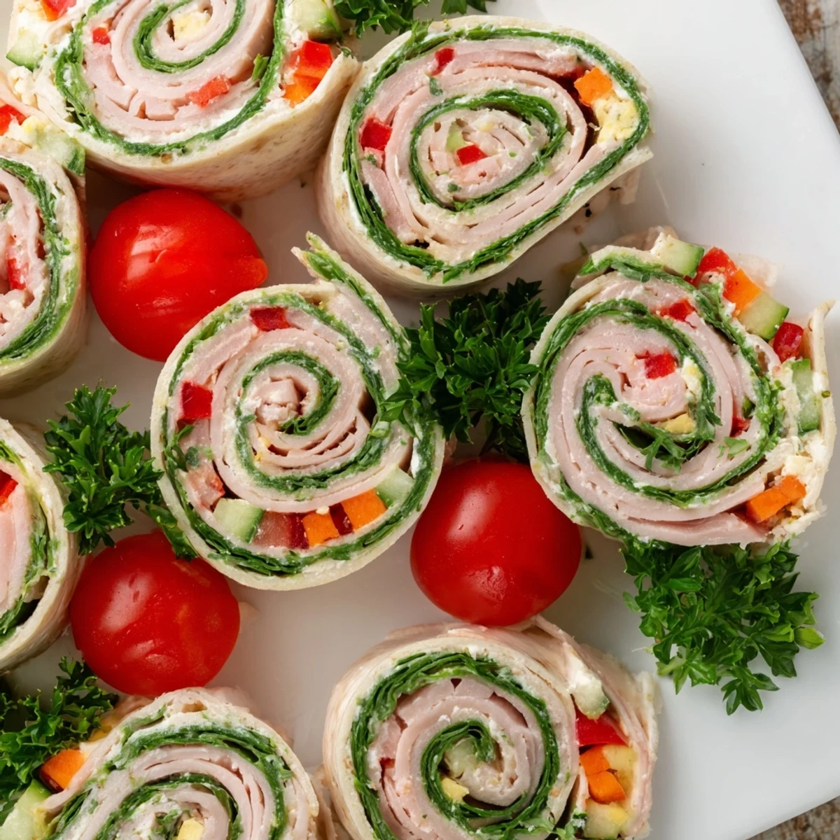 A platter of festive Smoked Turkey Pinwheels showcases colorful bell peppers and fresh parsley sprigs for a holiday feast.