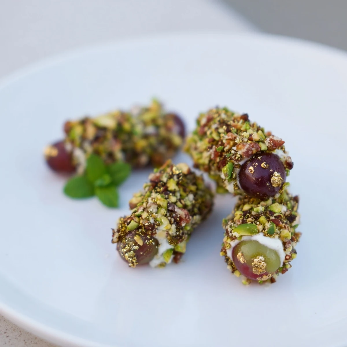 Sparkling grape cluster appetizer, glistening with cheese and nuts, ready for a New Year's celebration.