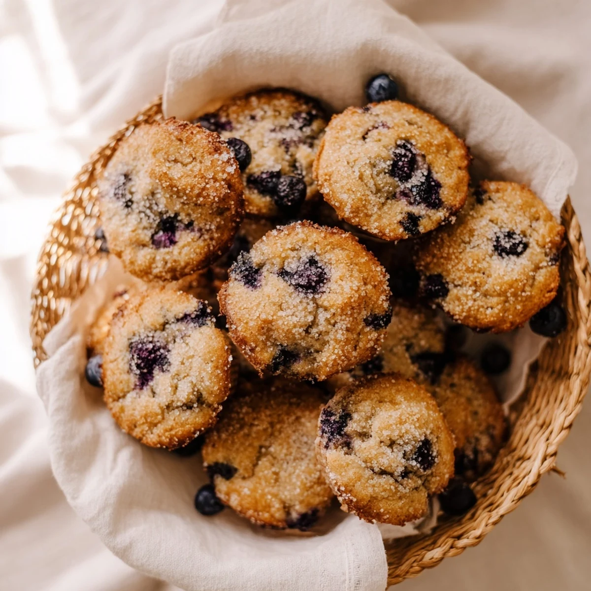 Golden, dome-shaped mini blueberry muffins overflow in a rustic basket, ready to be enjoyed.