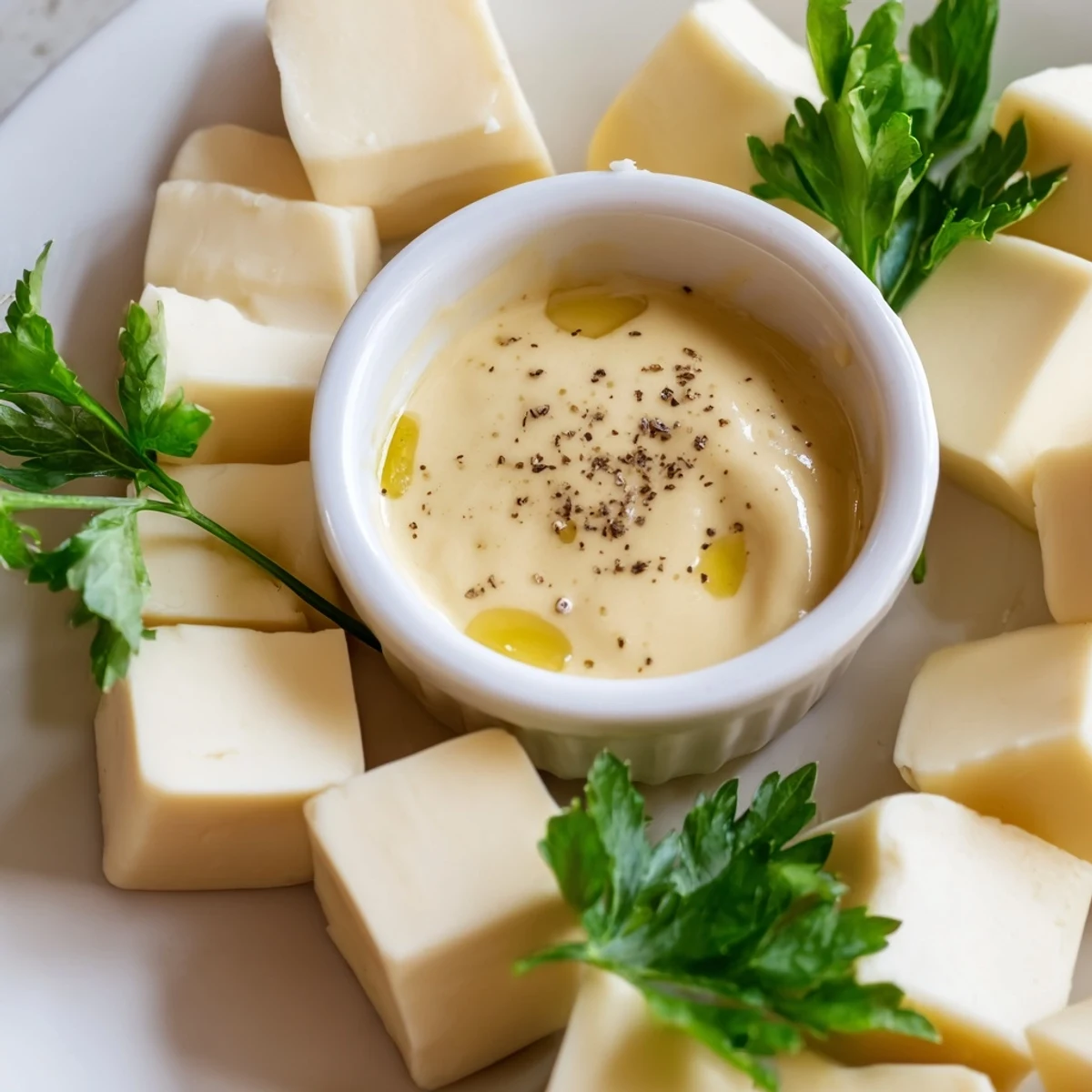 Enjoy a delightful cheese platter: Gouda cubes served with a vibrant mustard dipping sauce.