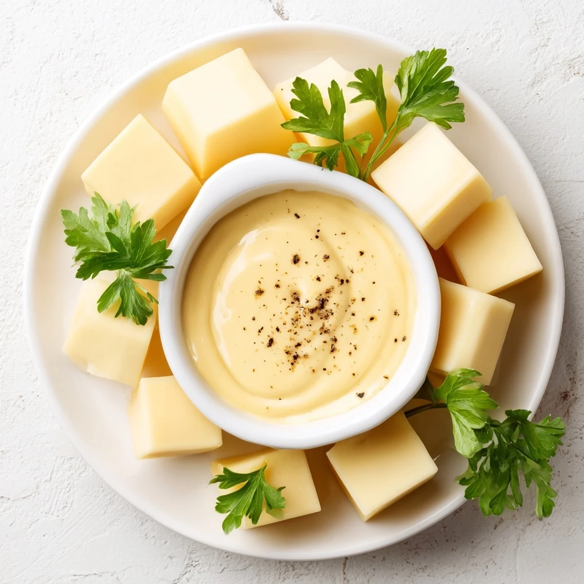 Close-up of a cheese platter: Gouda cubes ready to dip into a tangy homemade mustard.