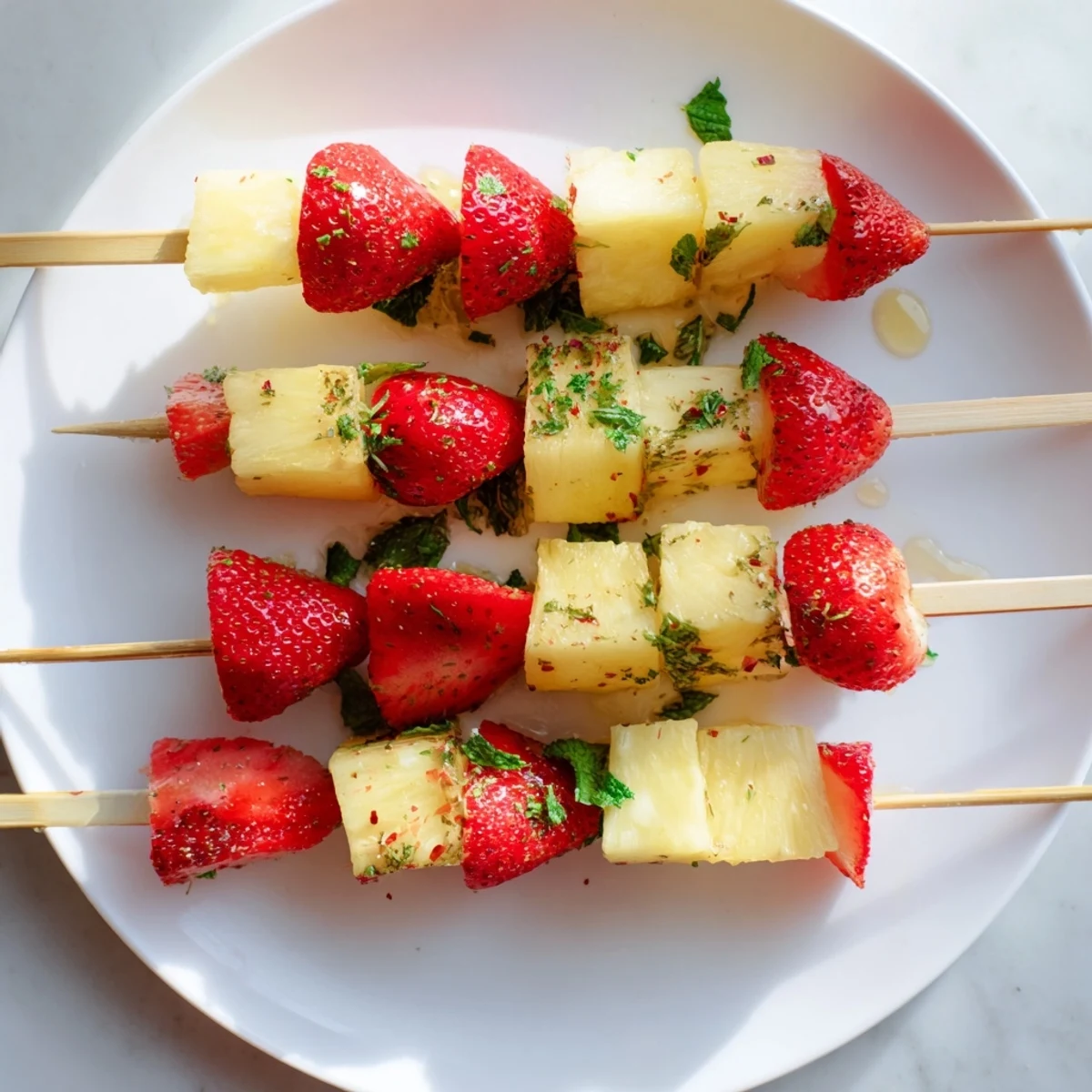Fresh fruit skewers showcasing juicy pineapple and strawberries, a colorful and simple snack.