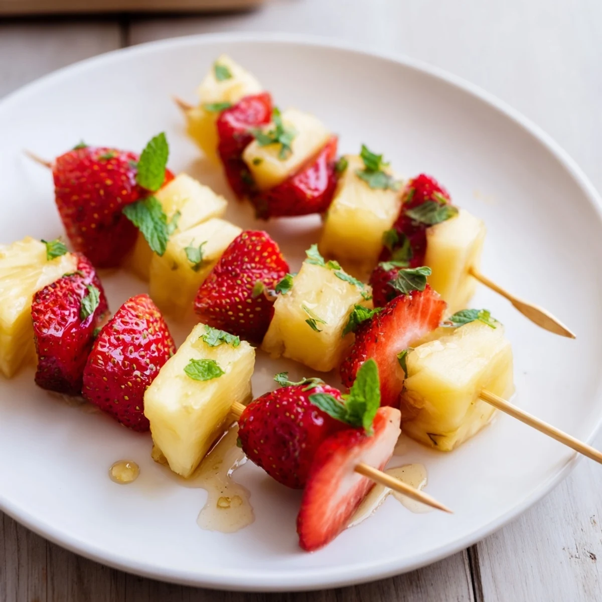 Summery fruit skewers with pineapple and strawberries ready to serve, a perfect cookout treat.