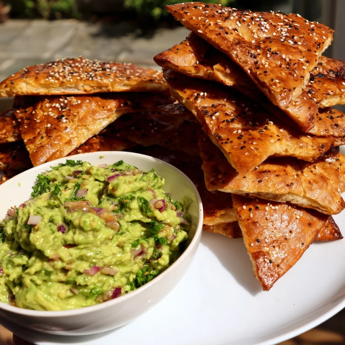 A colorful bowl overflowing with fresh guacamole and crispy homemade pita chips, perfect snack.