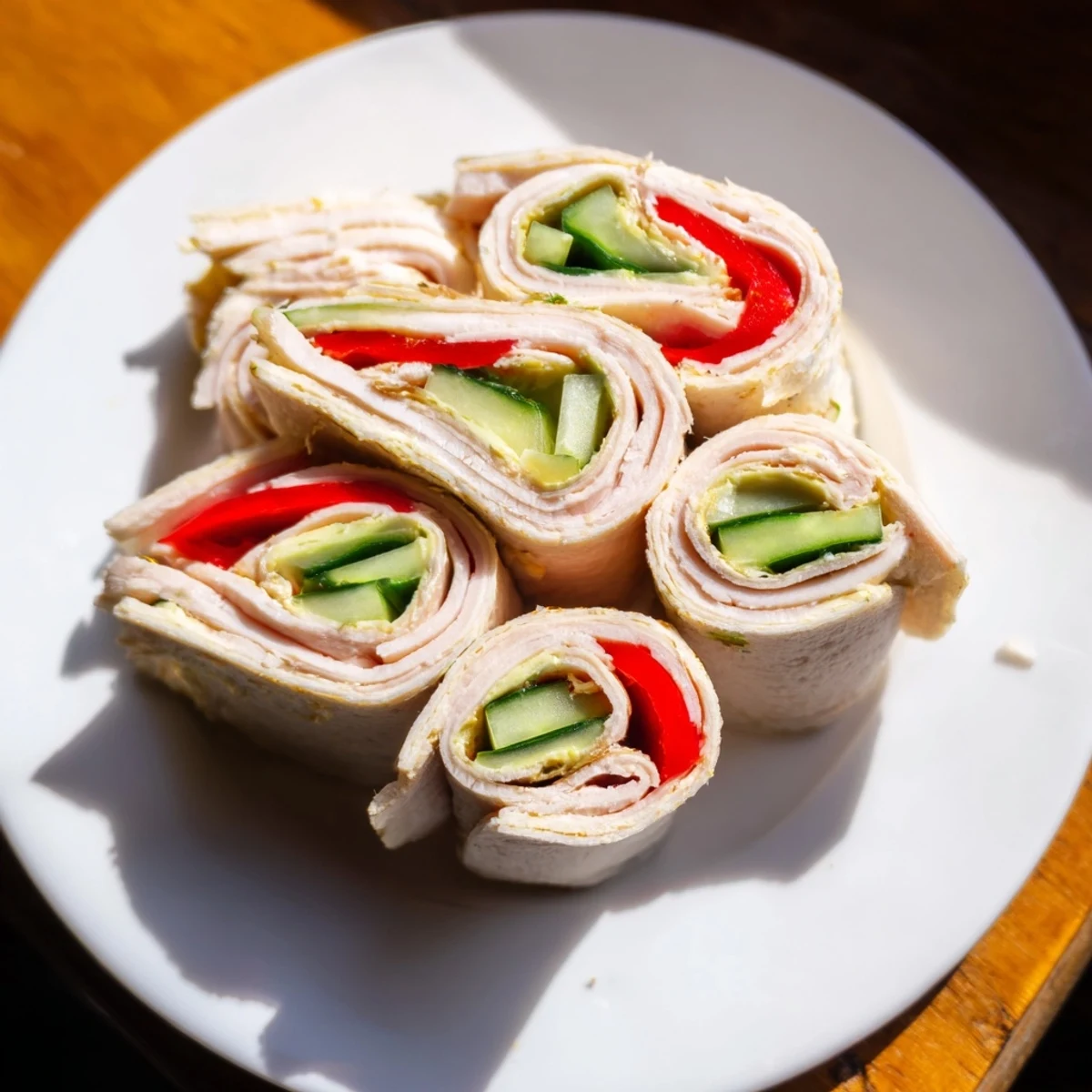 Stacked turkey roll-ups, showcasing the spiral fillings, perfect for effortless, low-carb lunches.