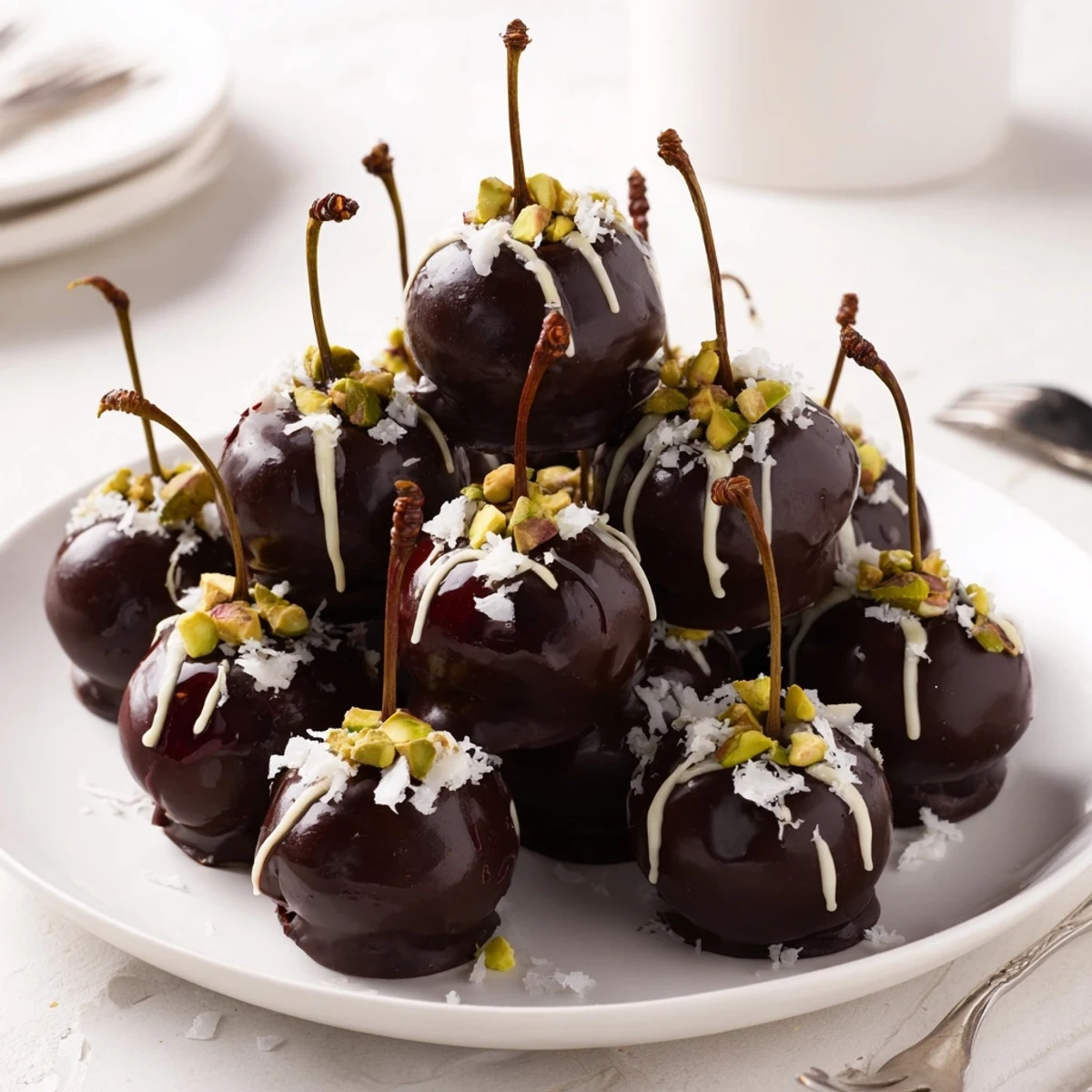 Artfully arranged chocolate-covered cherry dessert bites create a beautiful pyramid on a serving platter.
