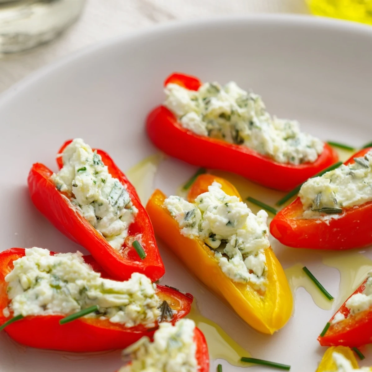 Brightly colored photo features Mediterranean mini bell pepper halves overflowing with feta cheese.