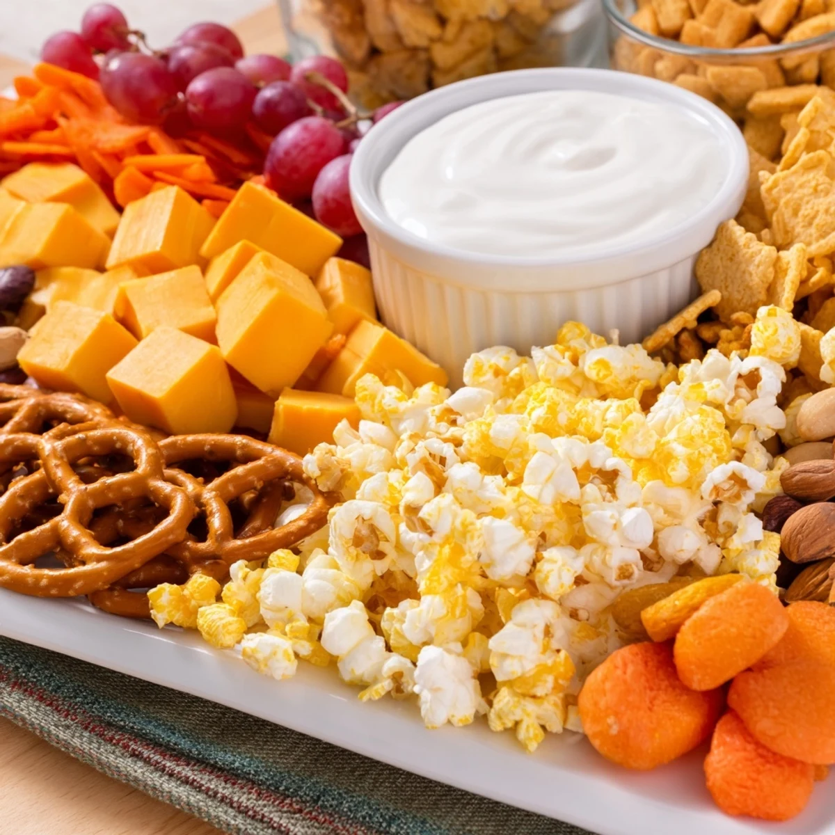 Delicious movie night munchie board featuring a colorful, grid-style layout of snacks and treats.